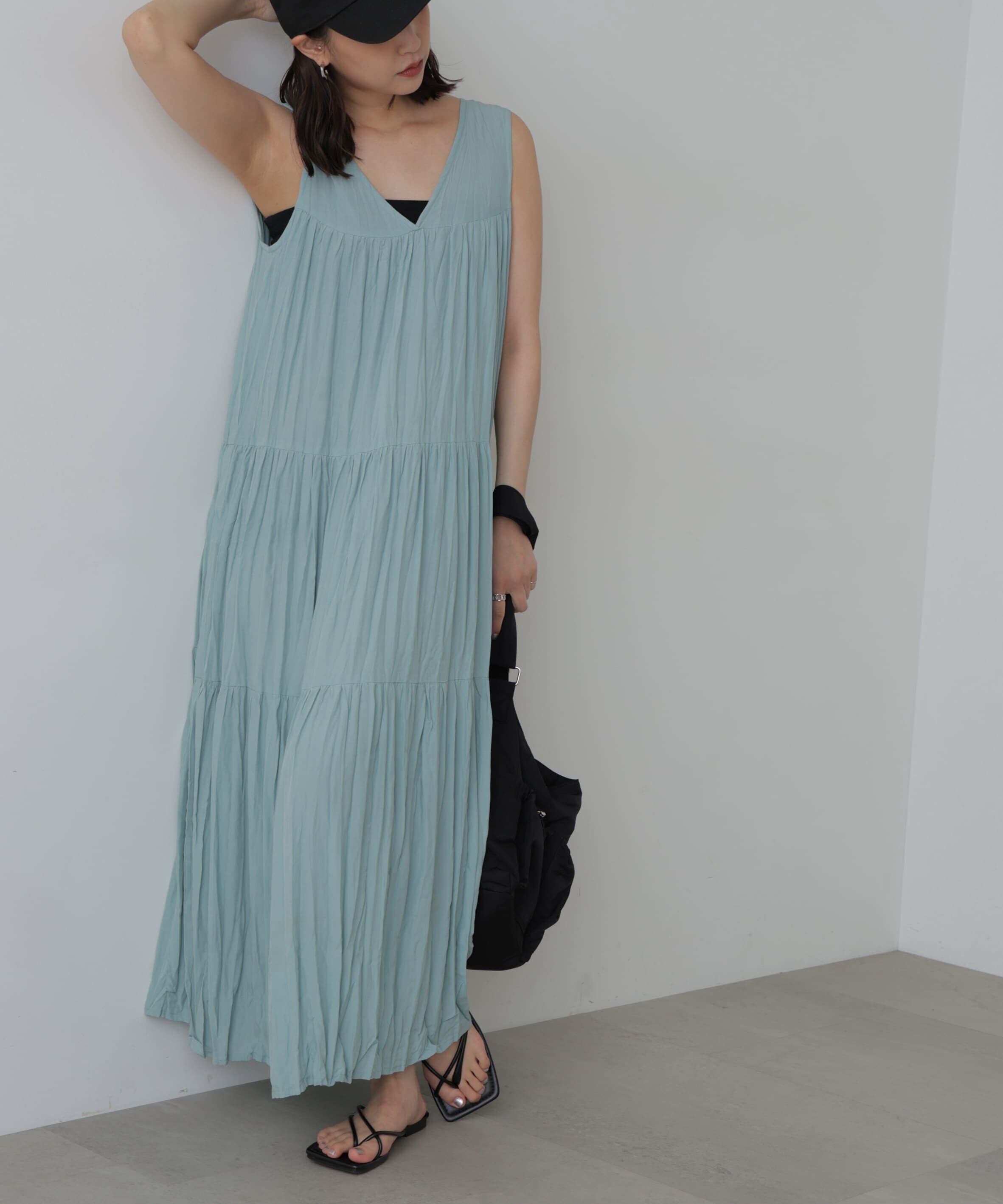  「ワッシャーティアードノースリーブワンピース」|ワンピース|