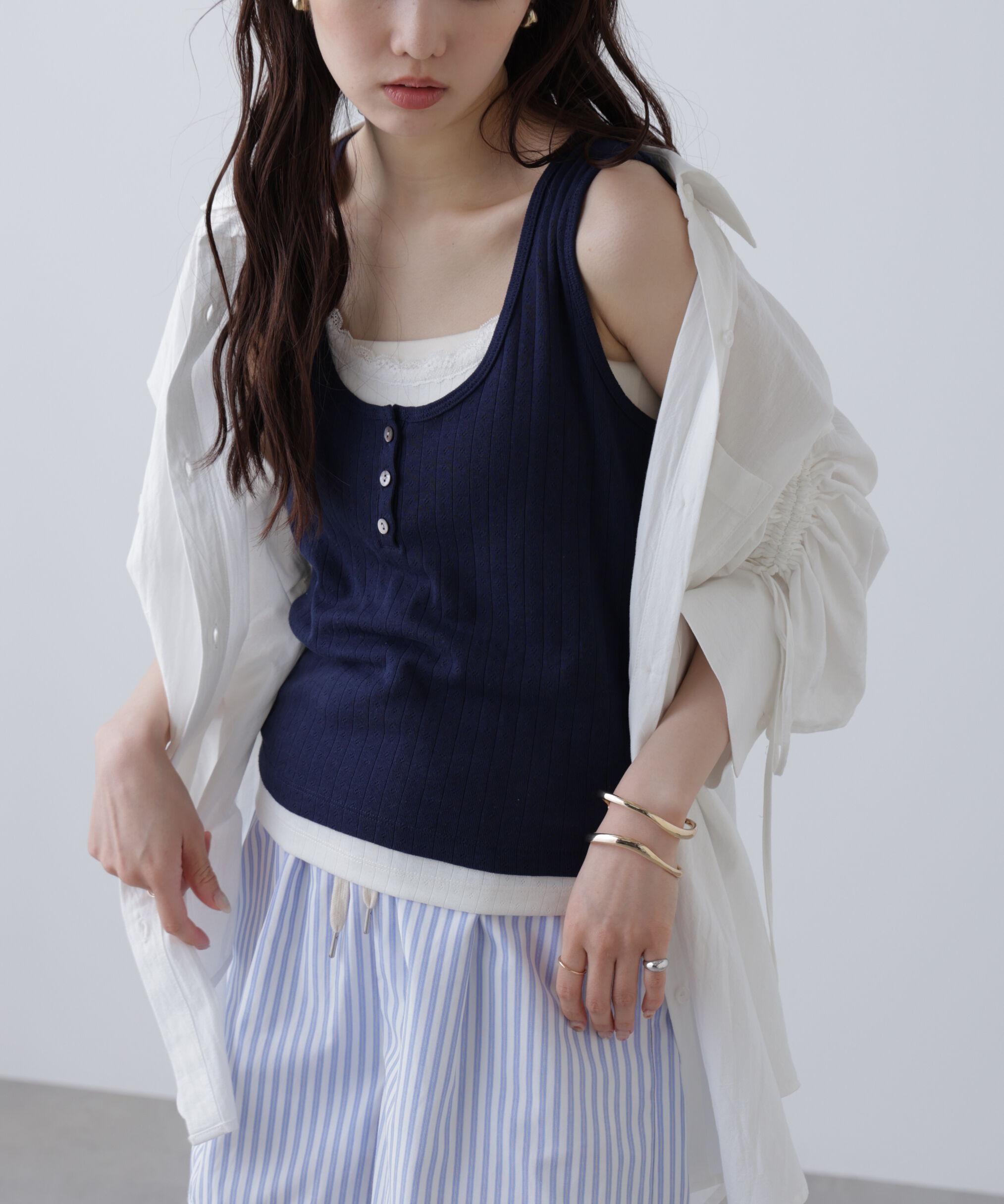  「針抜きテレコレイヤードタンクトップ」|Tシャツ・カットソー|ネイビー