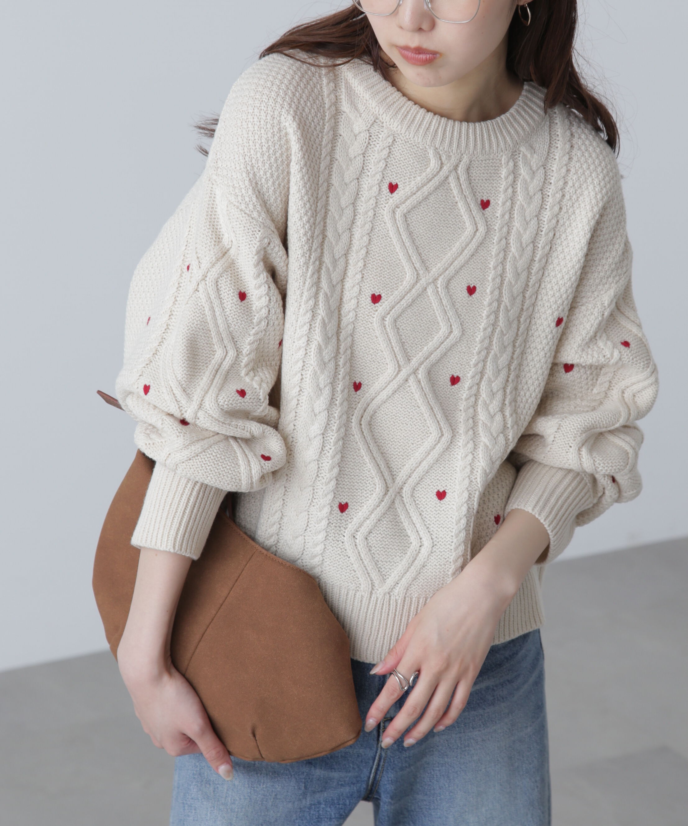  「ハート刺繍ケーブルニット」|ニット・セーター|