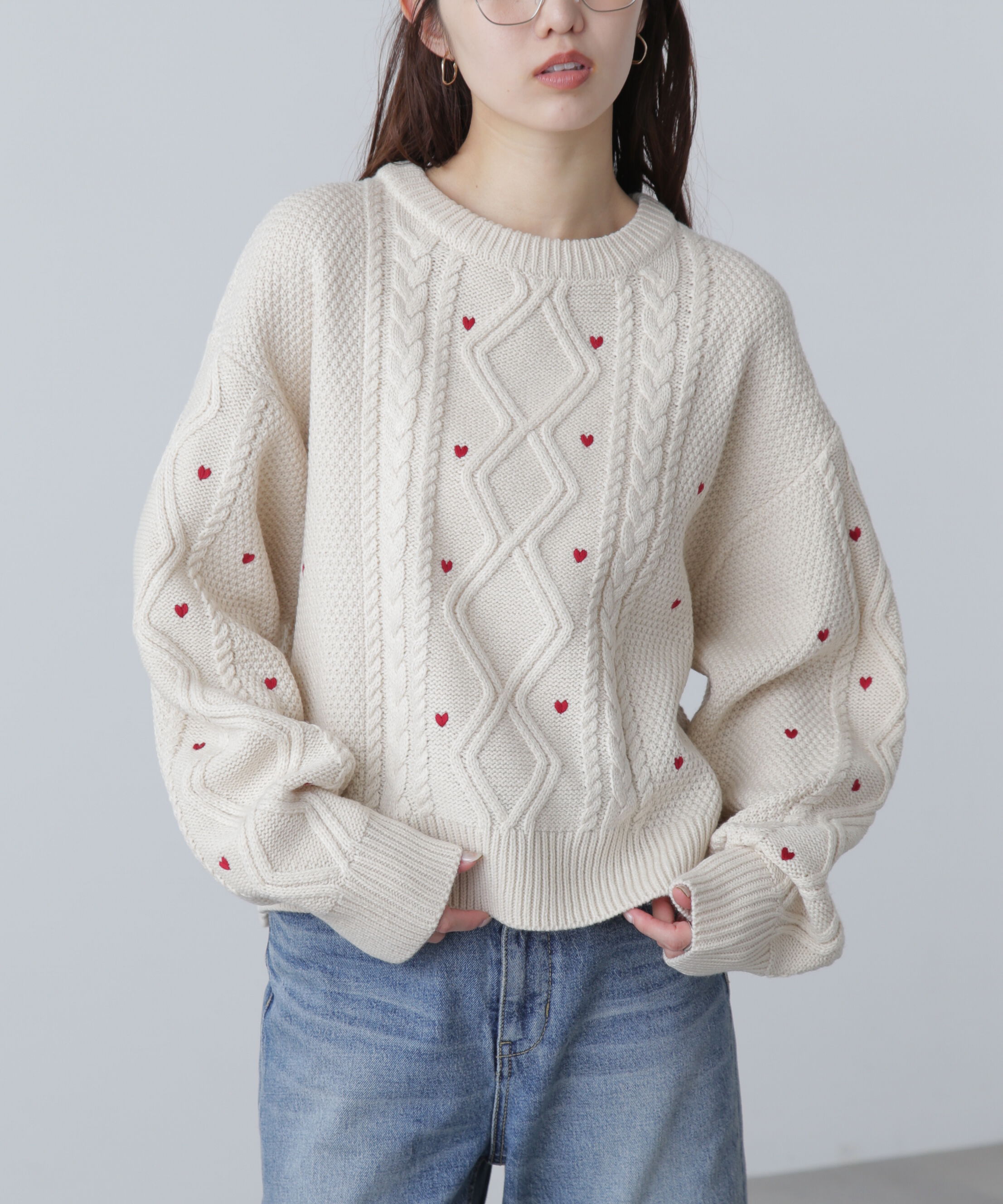  「ハート刺繍ケーブルニット」|ニット・セーター|
