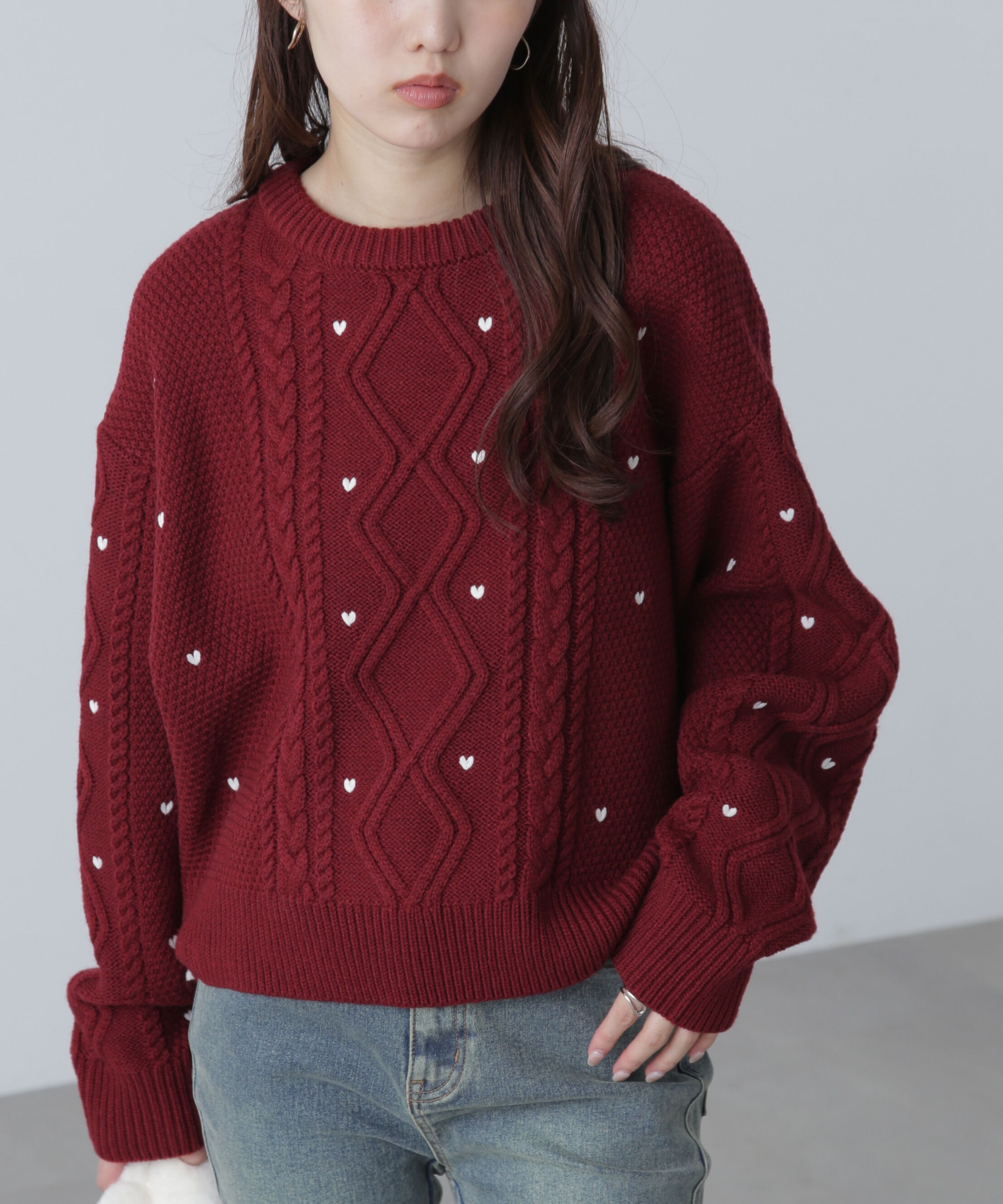  「ハート刺繍ケーブルニット」|ニット・セーター|レッド