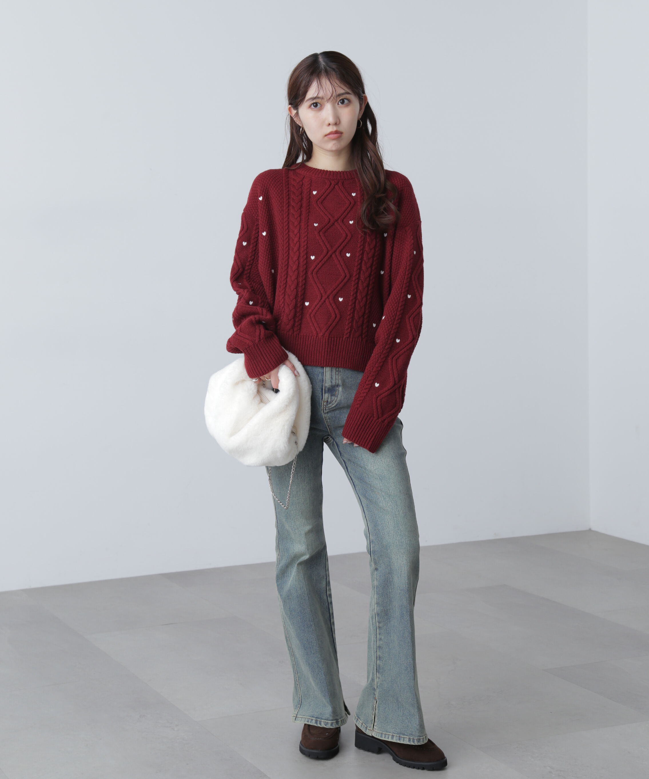  「ハート刺繍ケーブルニット」|ニット・セーター|