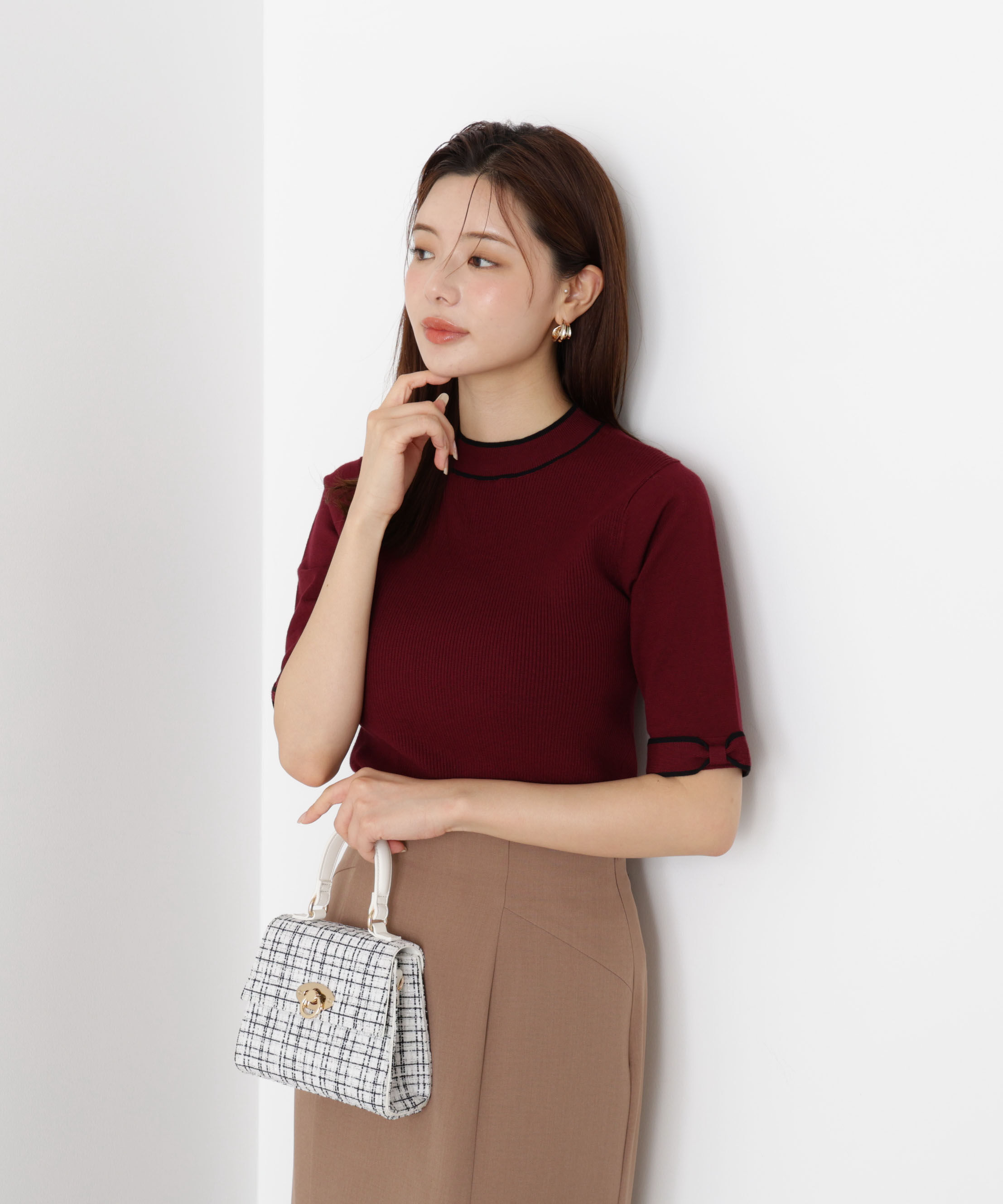 PROPORTION BODY DRESSING「＜ハンドウォッシャブル＞リボンスリーブ配色ニット」|ニット・セーター|ボルドー&times;ブラ