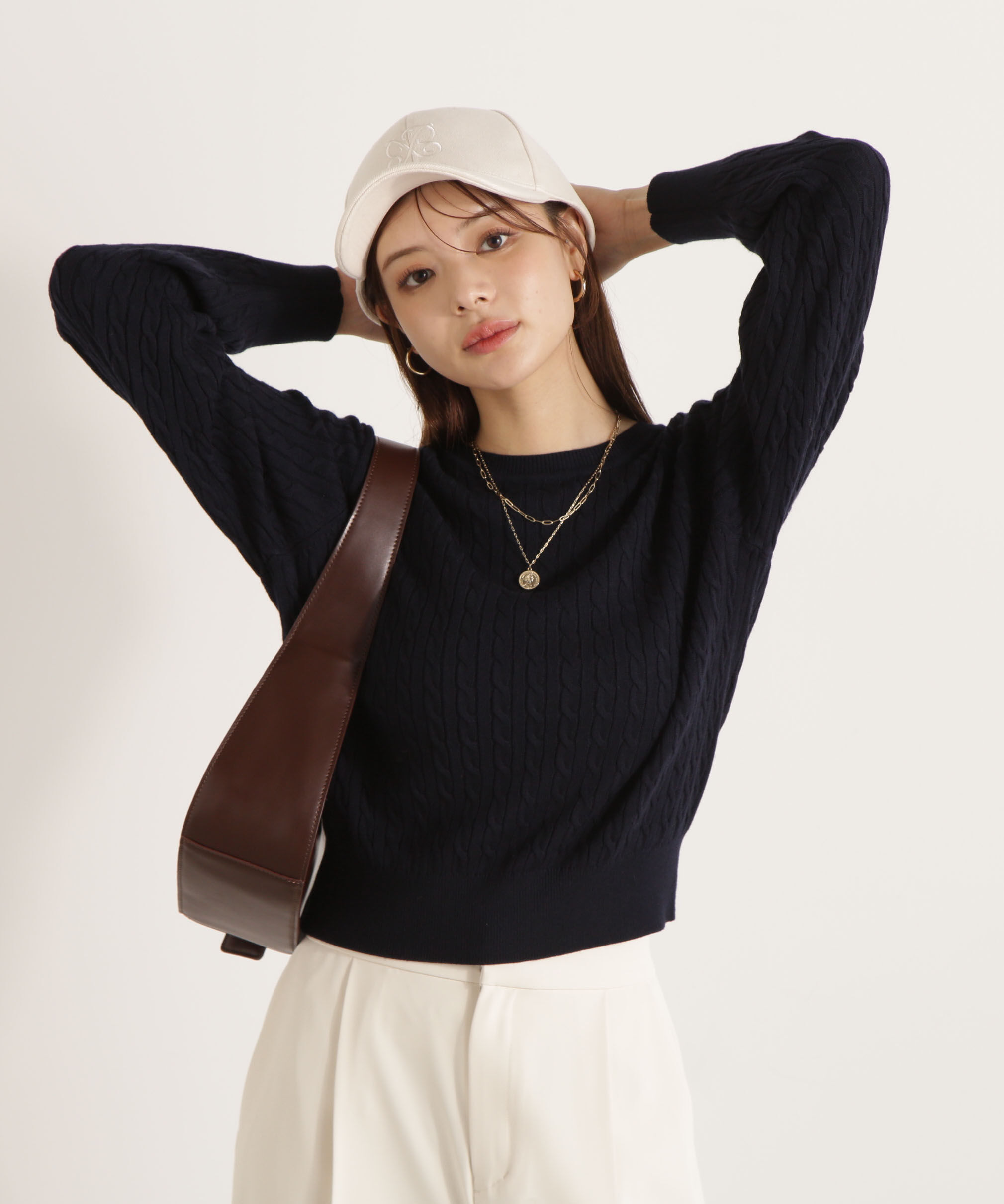 PROPORTION BODY DRESSING「＜ハンドウォッシャブル＞袖釦ミニケーブルニット」|ニット・セーター|ネイビー