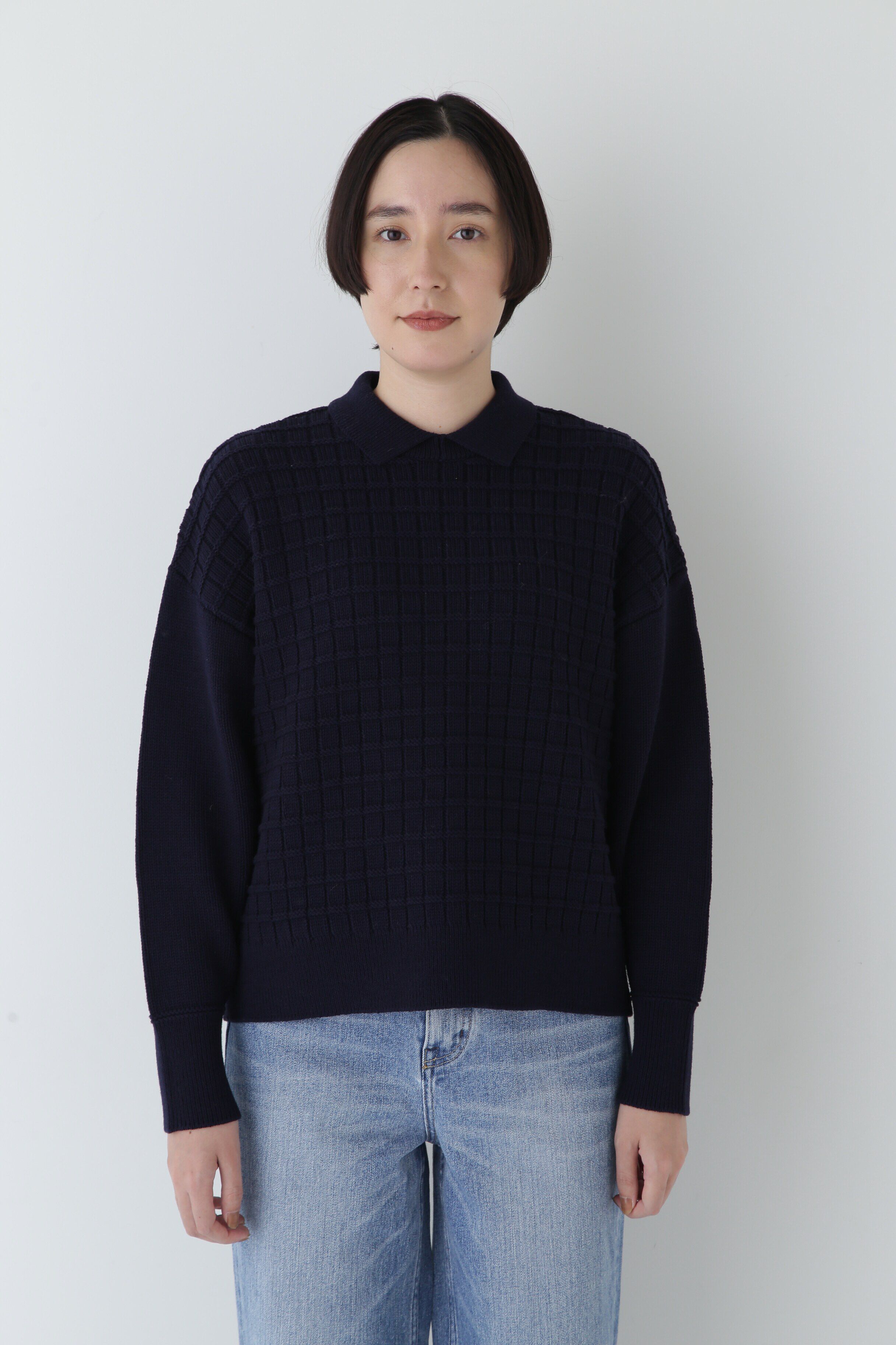  「◆【ウォッシャブル】バルキーコットン混リンクス柄ポロプルオーバー」|ニット・セーター|