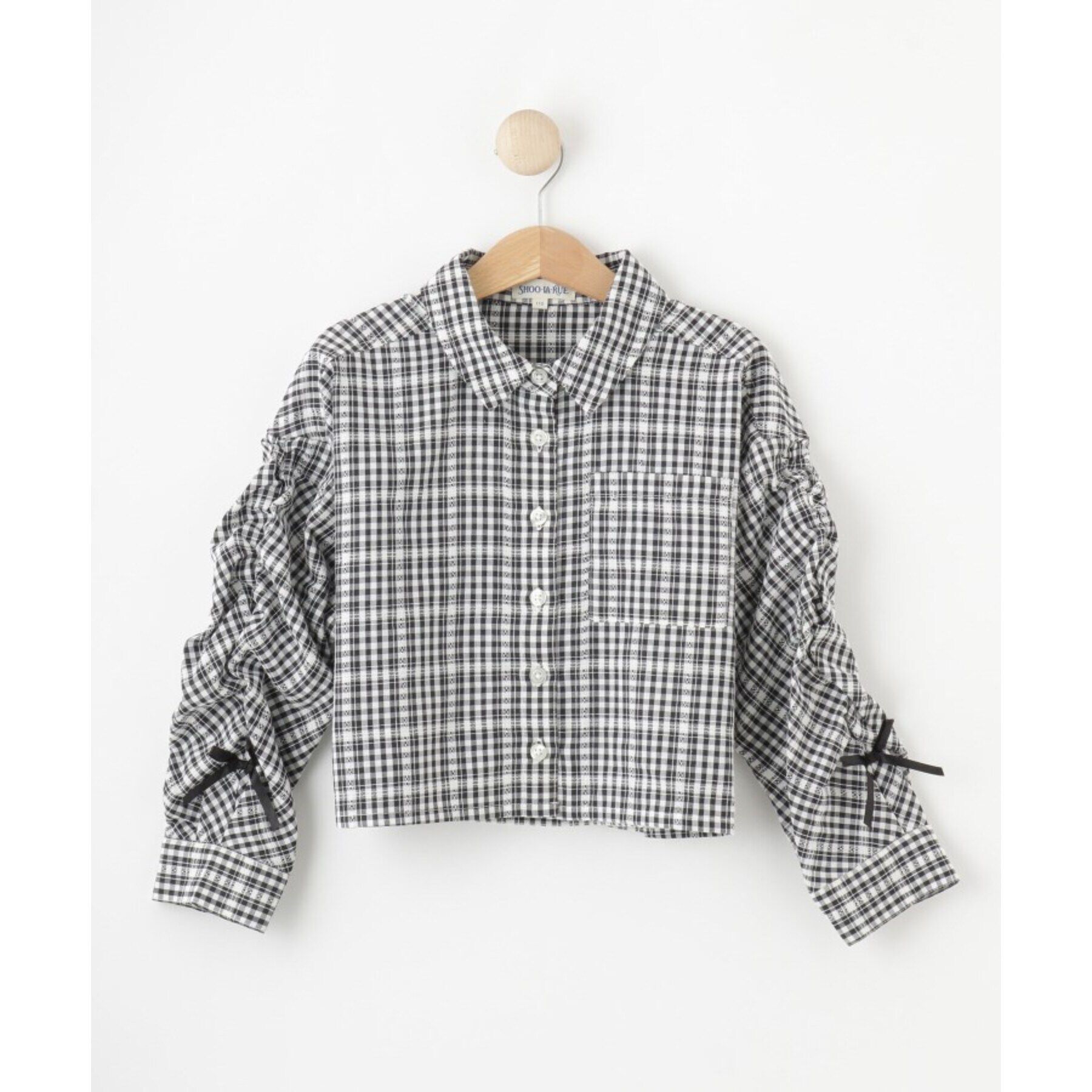 SHOO･LA･RUE「【洗える/100-150cm】お袖リボンがアクセント クロップド丈 チェックシャツ」|シャツ・ブラウス|