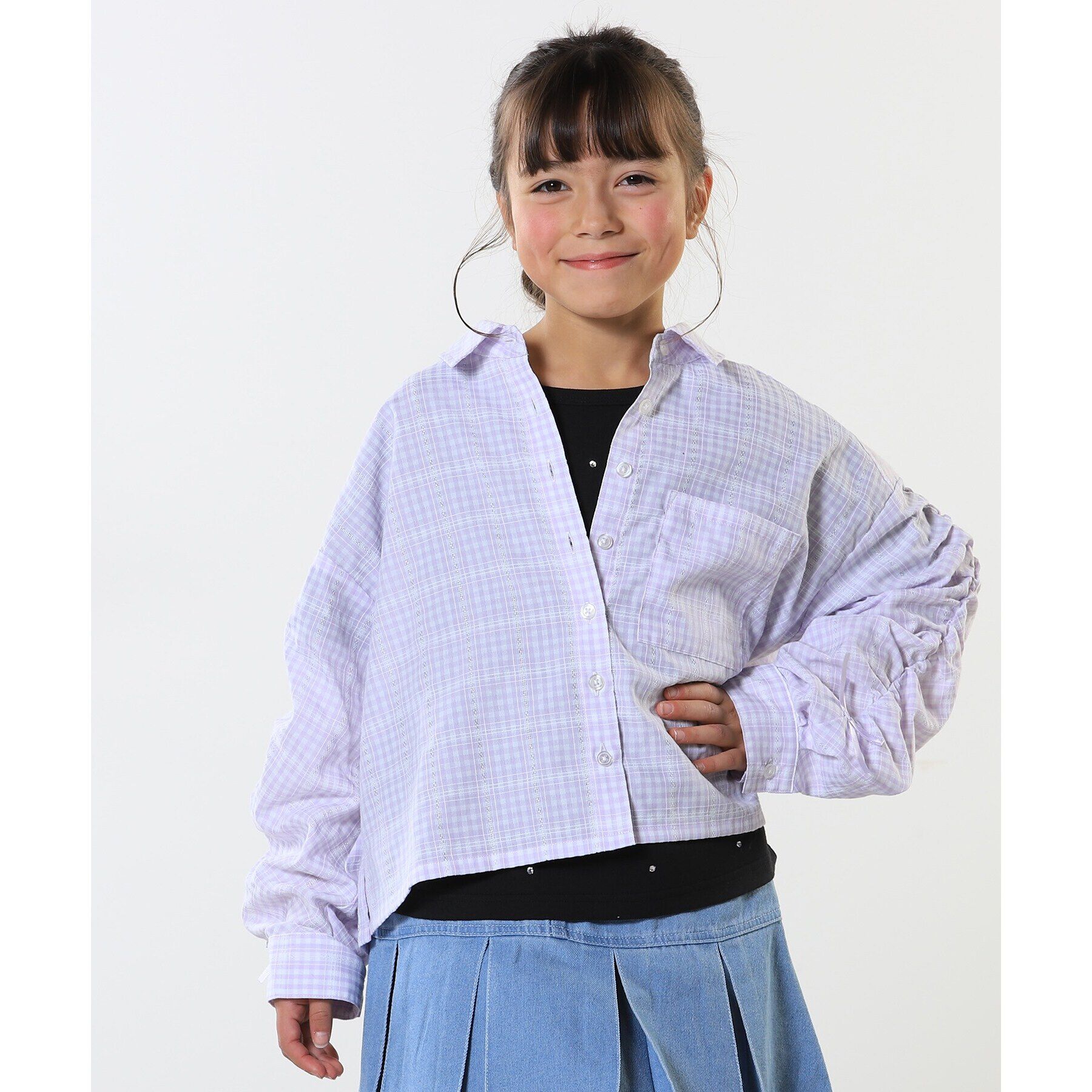 SHOO･LA･RUE「【洗える/100-150cm】お袖リボンがアクセント クロップド丈 チェックシャツ」|シャツ・ブラウス|ラベンダー(280)