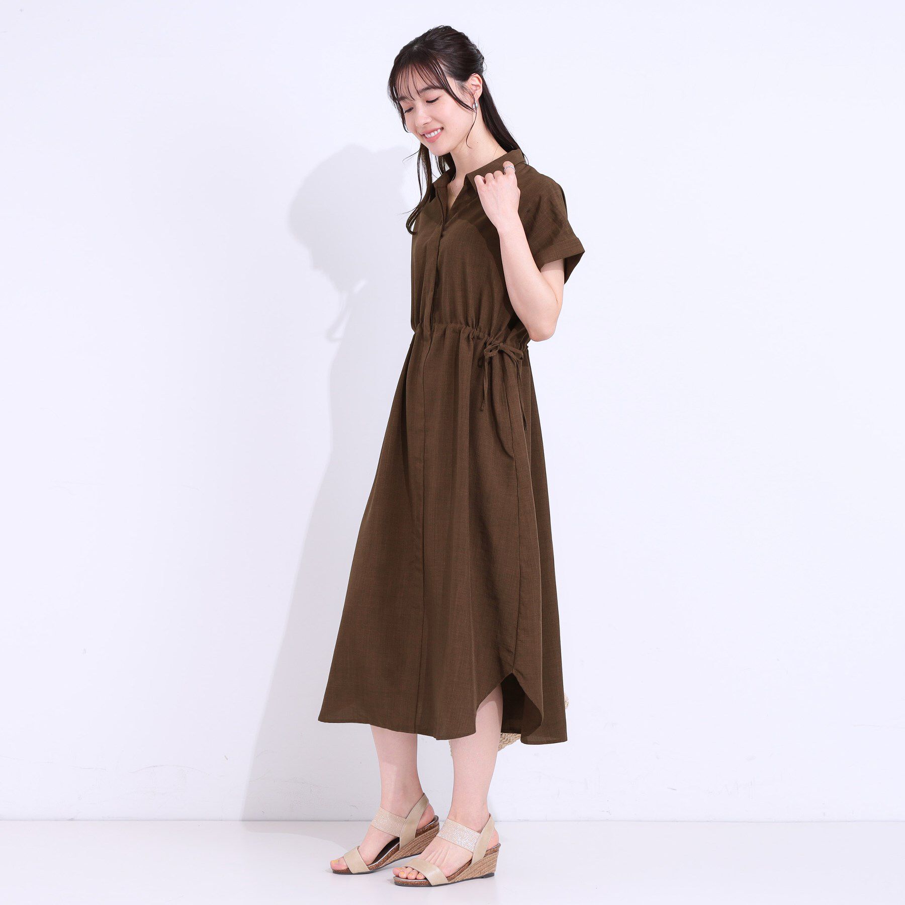 SHOO･LA･RUE「【S-LL】お顔周りすっきり 麻調スキッパーシャツワンピース」|ワンピース|