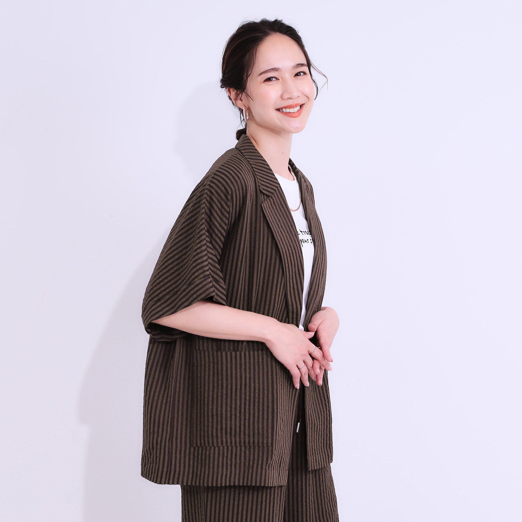 SHOO･LA･RUE「【セットアップ可能/ひんやり/吸水速乾】サッカーストライプ テーラードカラーシャツジャケット」|テーラードジャケット|