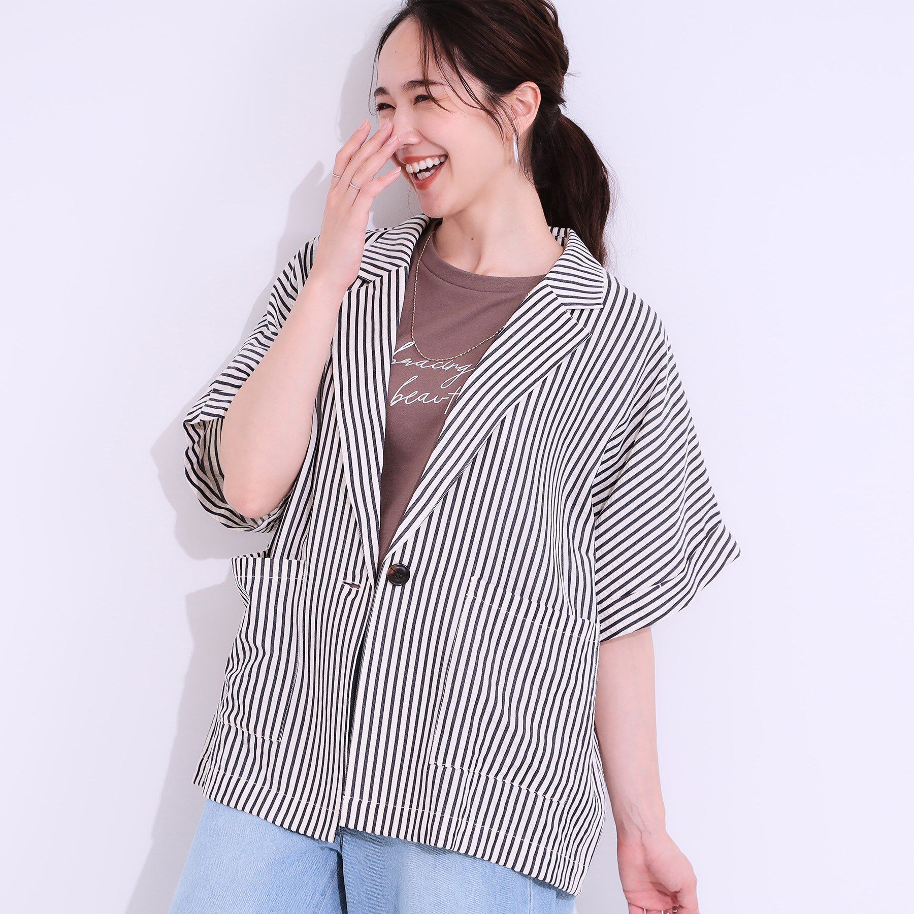 SHOO･LA･RUE「【セットアップ可能/ひんやり/吸水速乾】サッカーストライプ テーラードカラーシャツジャケット」|テーラードジャケット|ネイビー(394)