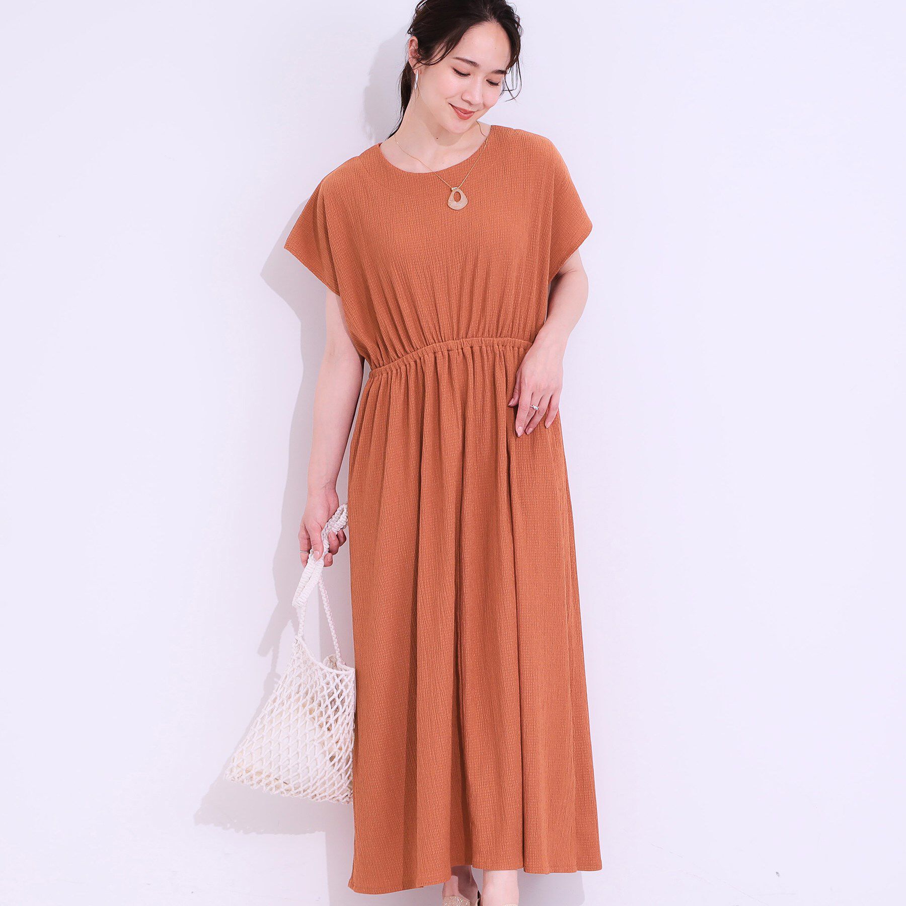 SHOO･LA･RUE「【前後2WAY】さらりと大人上品に 楊柳フレンチワンピース」|ワンピース|オレンジ(067)