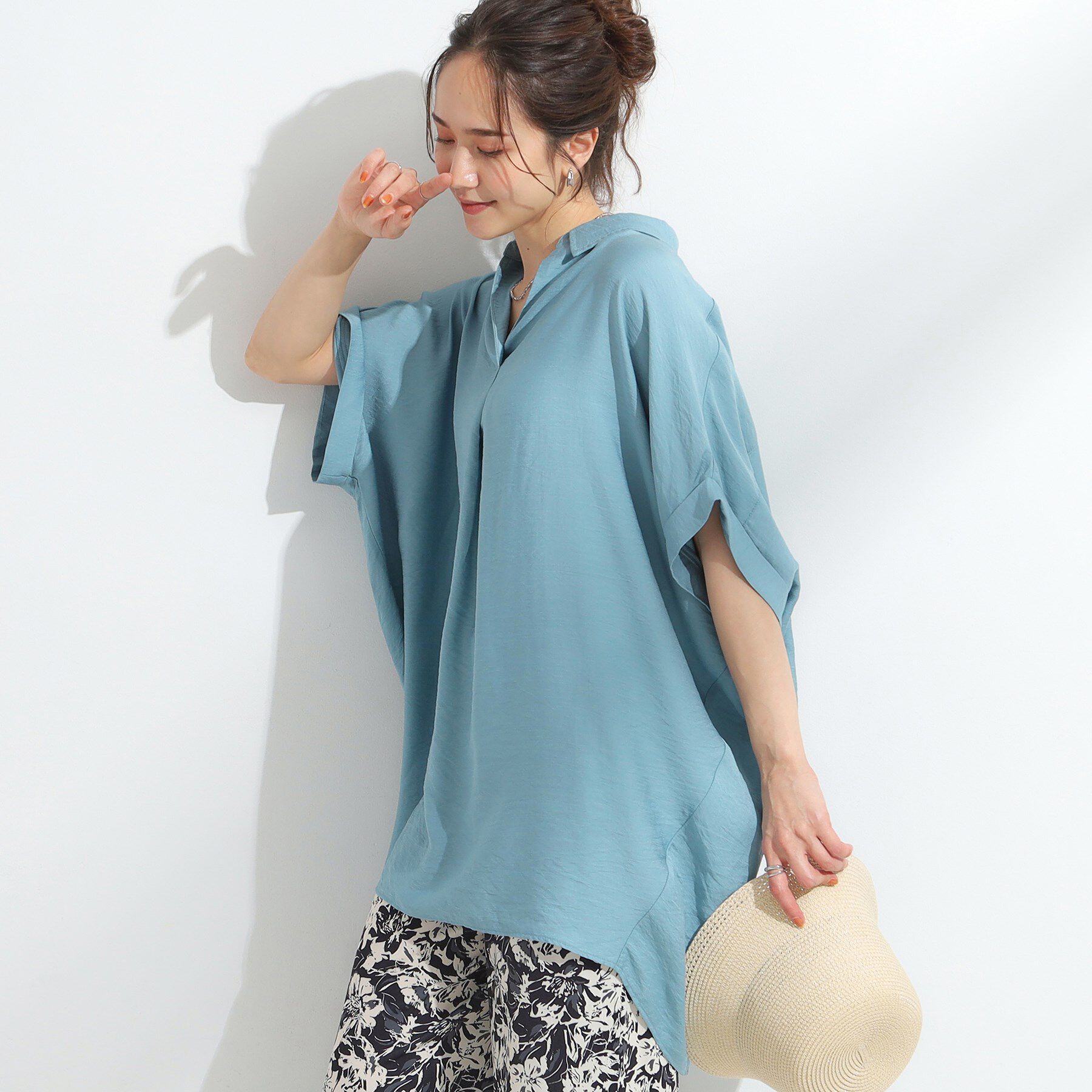 SHOO･LA･RUE「【ひんやり/S-LL】すっきりきれいに体型カバー コクーンシルエットワンピース」|チュニック|ブルー(091)