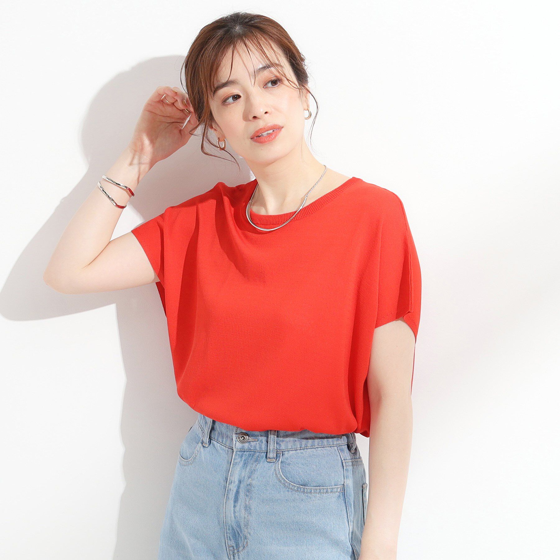 SHOO･LA･RUE「【ひんやり/S-LL】さらさらな肌触りが心地よい フレンチスリーブニット」|ニット・セーター|