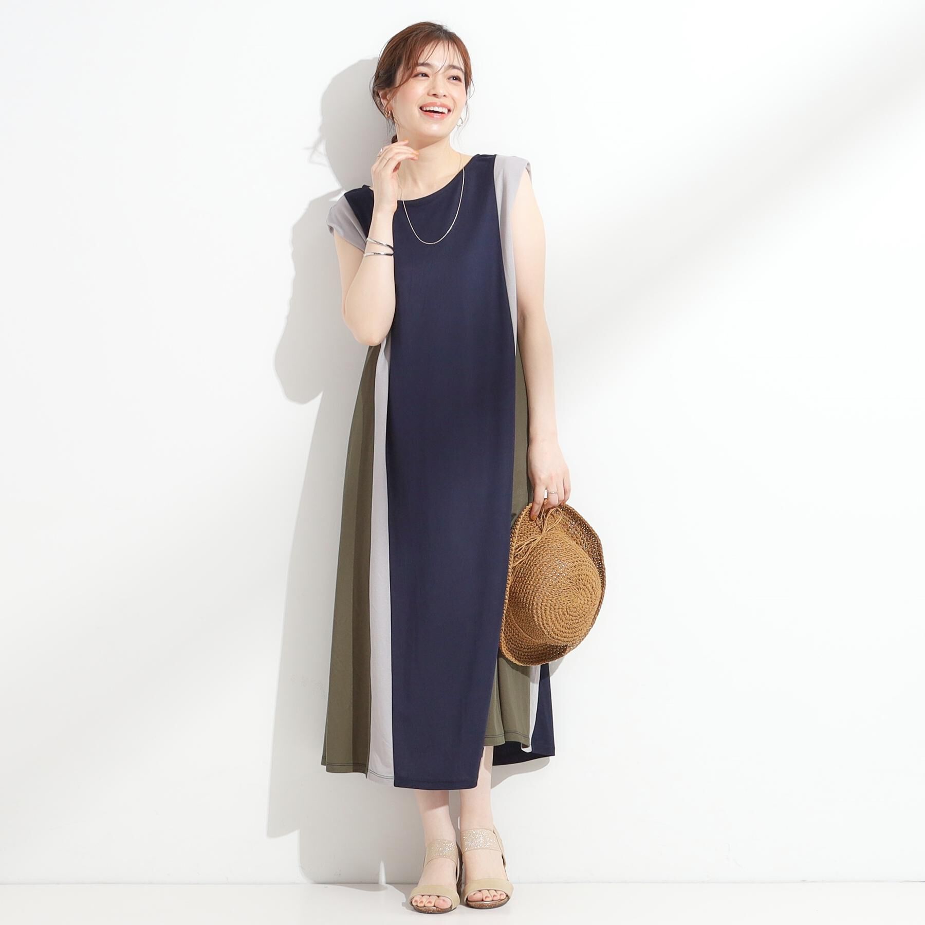 SHOO･LA･RUE「【S-LL/ひんやり】全身すっきり見えが楽に叶う サイド切替 バイカラーAラインワンピース」|ワンピース|