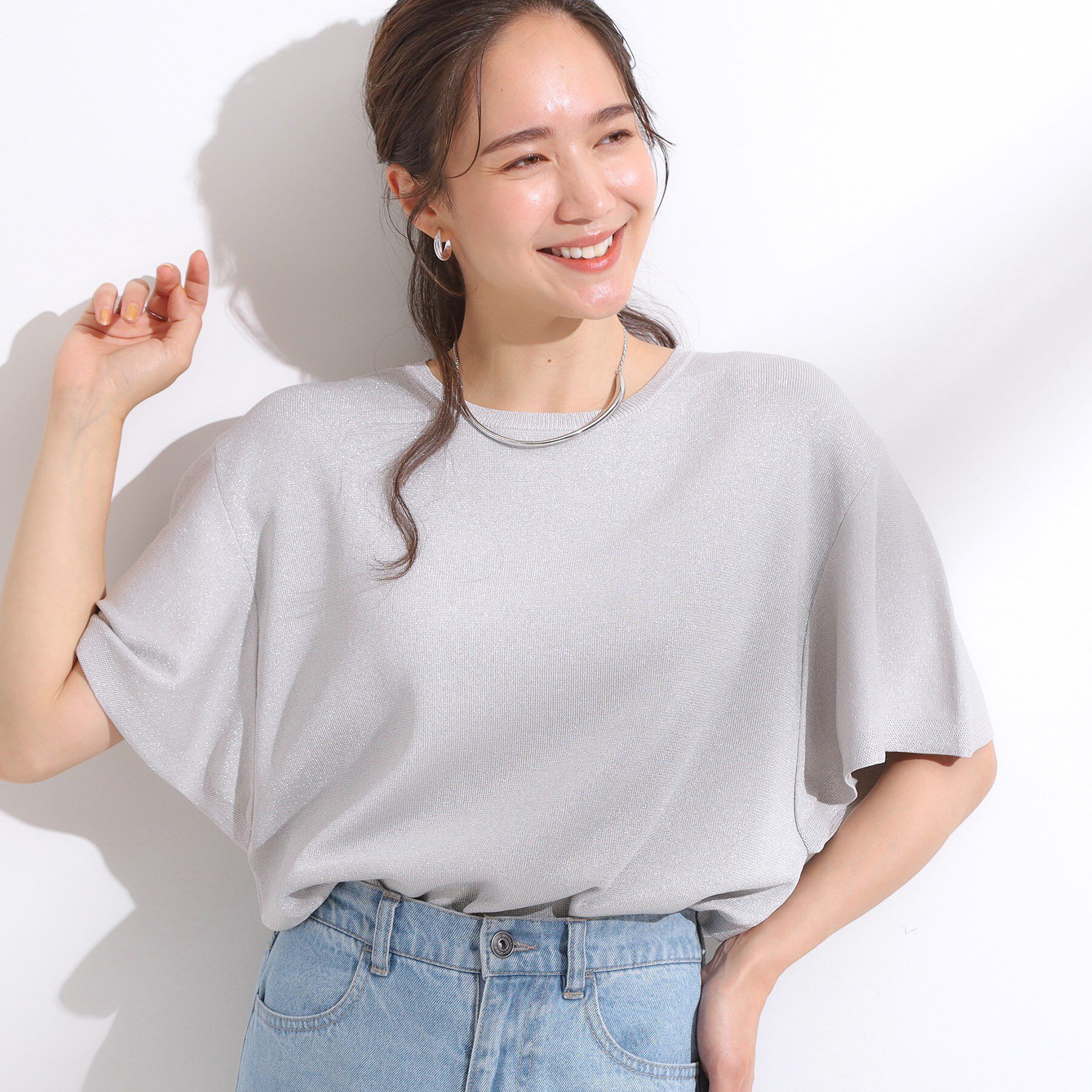 SHOO･LA･RUE「【S-LL】女性らしさ溢れる フレアスリーブニット」|ニット・セーター|シルバー(012)