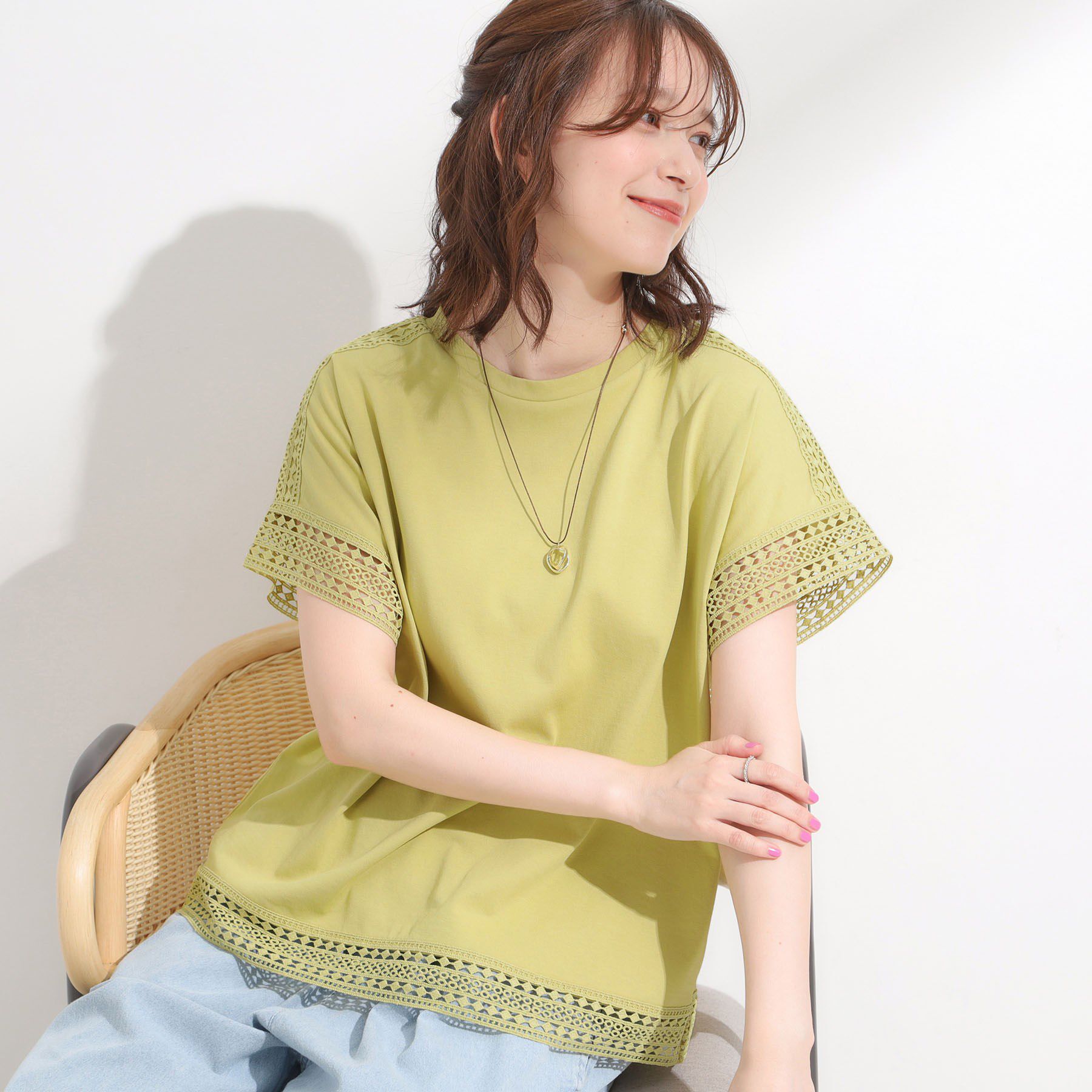 SHOO･LA･RUE「【S-LL/ひんやり】インせず決まる 楽してきれいなレース付きトップス」|Tシャツ・カットソー|イエロー(031)