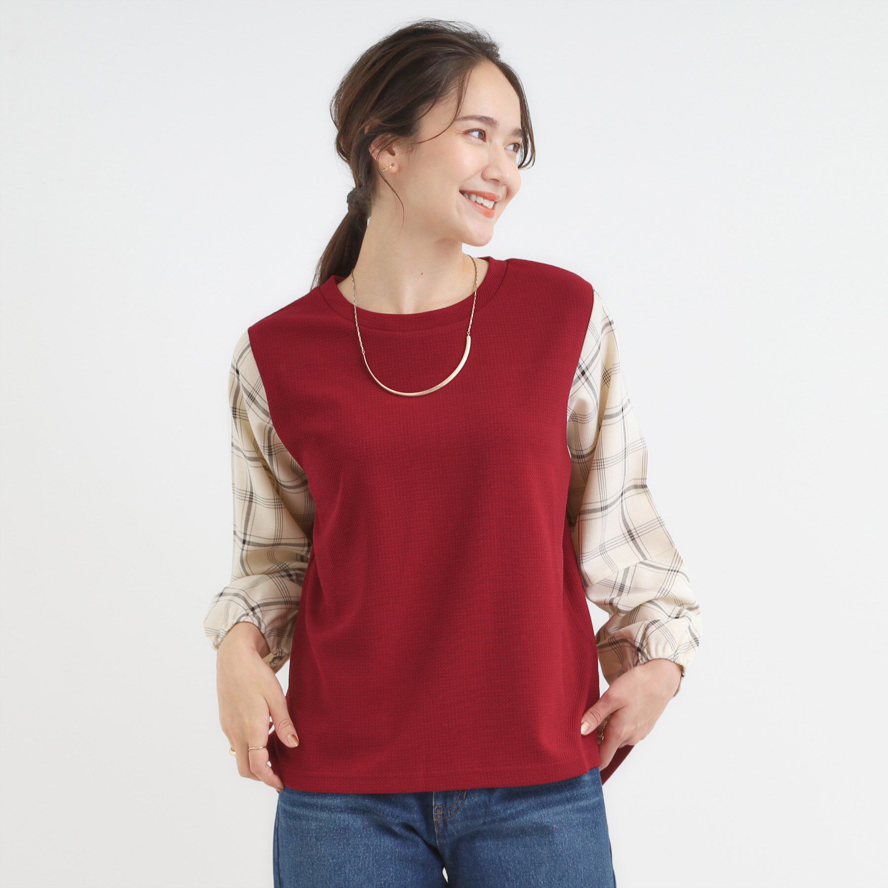 SHOO･LA･RUE「【S-LL】1枚できまる お袖チェック 異素材使いトップス」|シャツ・ブラウス|