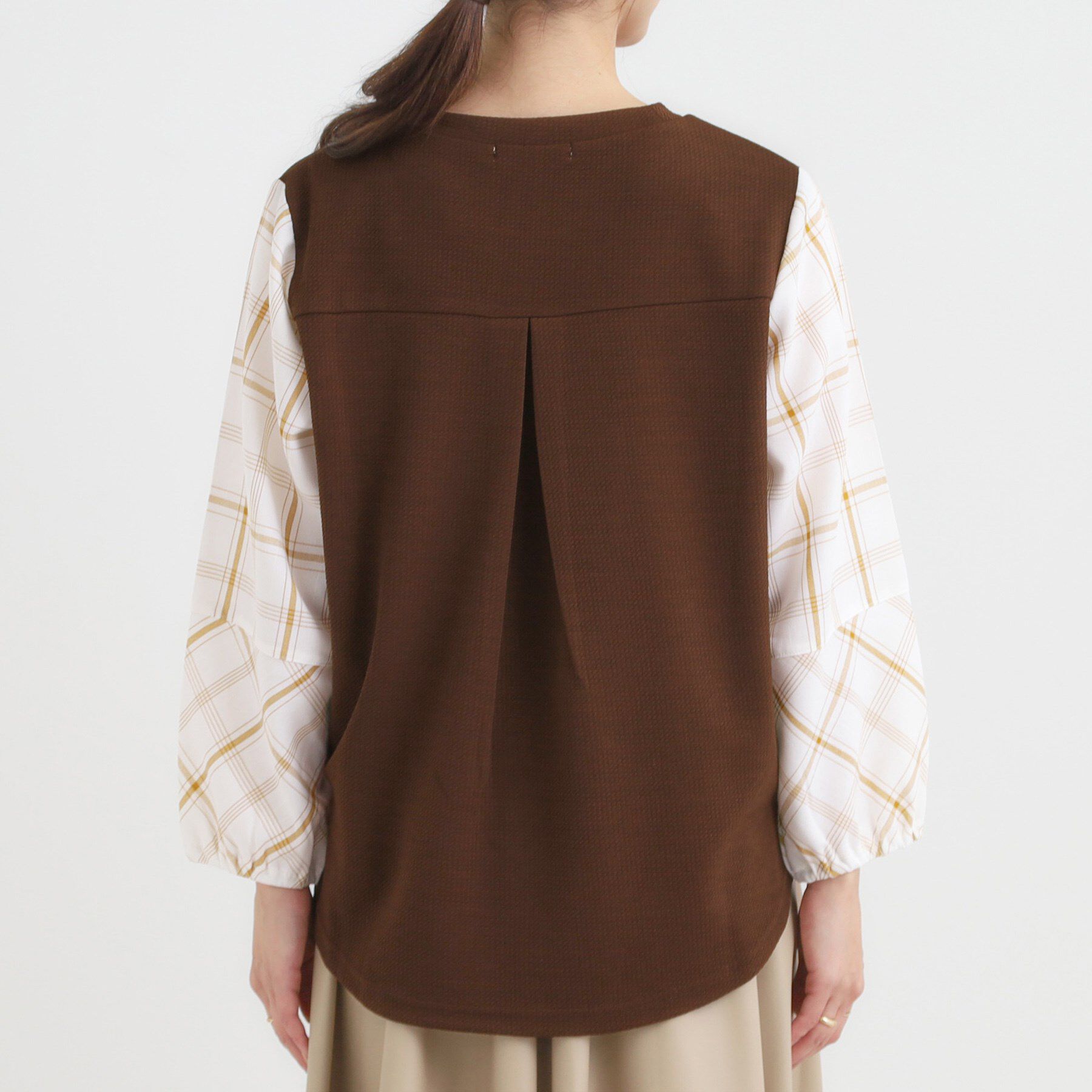 SHOO･LA･RUE「【S-LL】1枚できまる お袖チェック 異素材使いトップス」|シャツ・ブラウス|