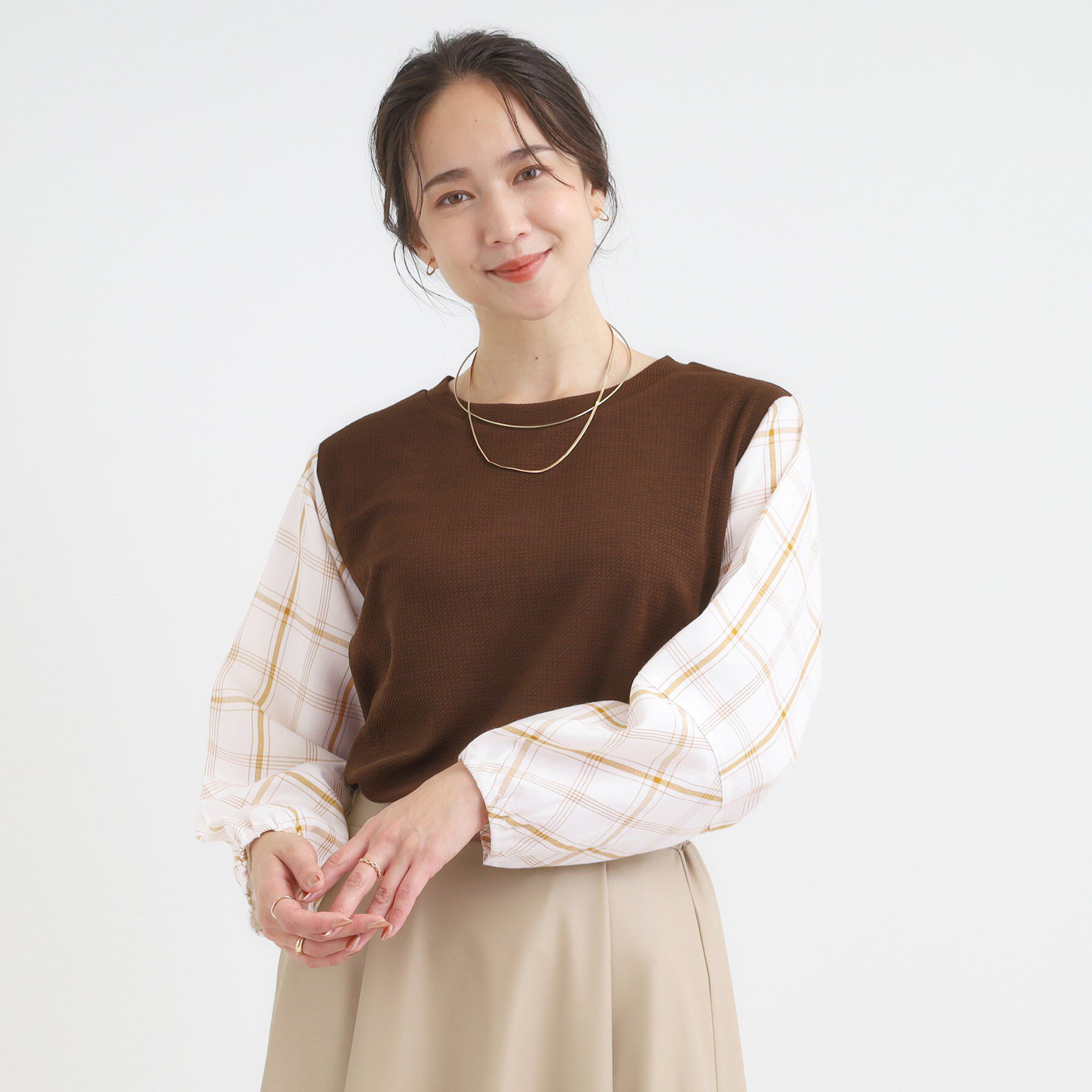 SHOO･LA･RUE「【S-LL】1枚できまる お袖チェック 異素材使いトップス」|シャツ・ブラウス|