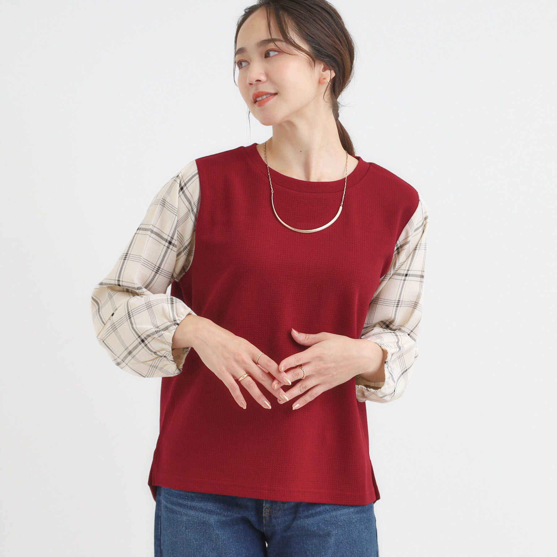 SHOO･LA･RUE「【S-LL】1枚できまる お袖チェック 異素材使いトップス」|シャツ・ブラウス|レッド(063)