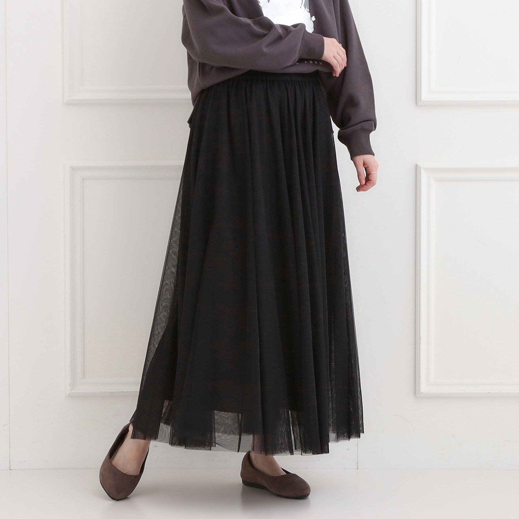 SHOO･LA･RUE「【洗濯機可】滑らか軽やか シーン問わず着られるチュールギャザースカート」|スカート|ブラック(019)