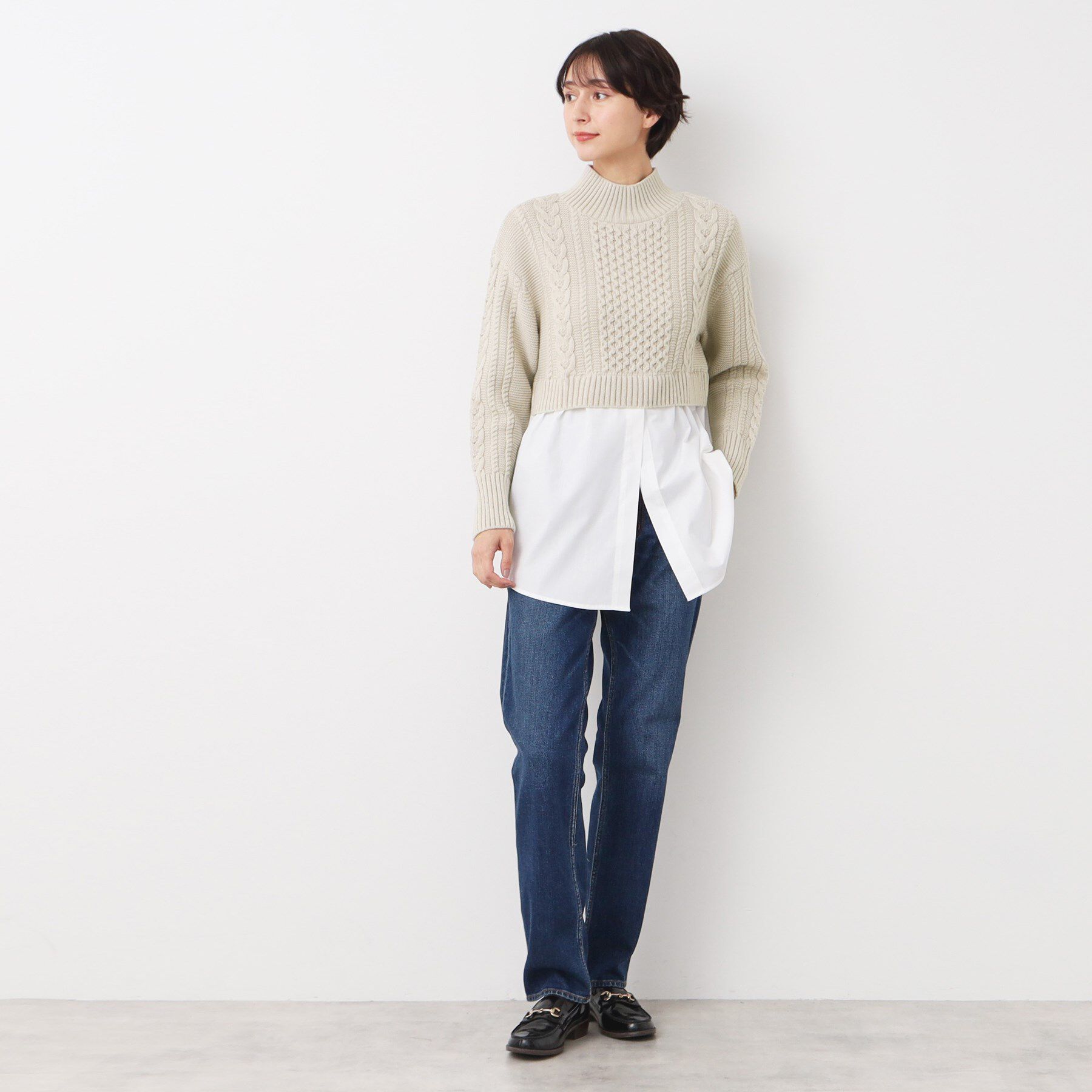 Dessin「【洗える】シャツ付きレイヤードケーブルニット」|ニット・セーター|