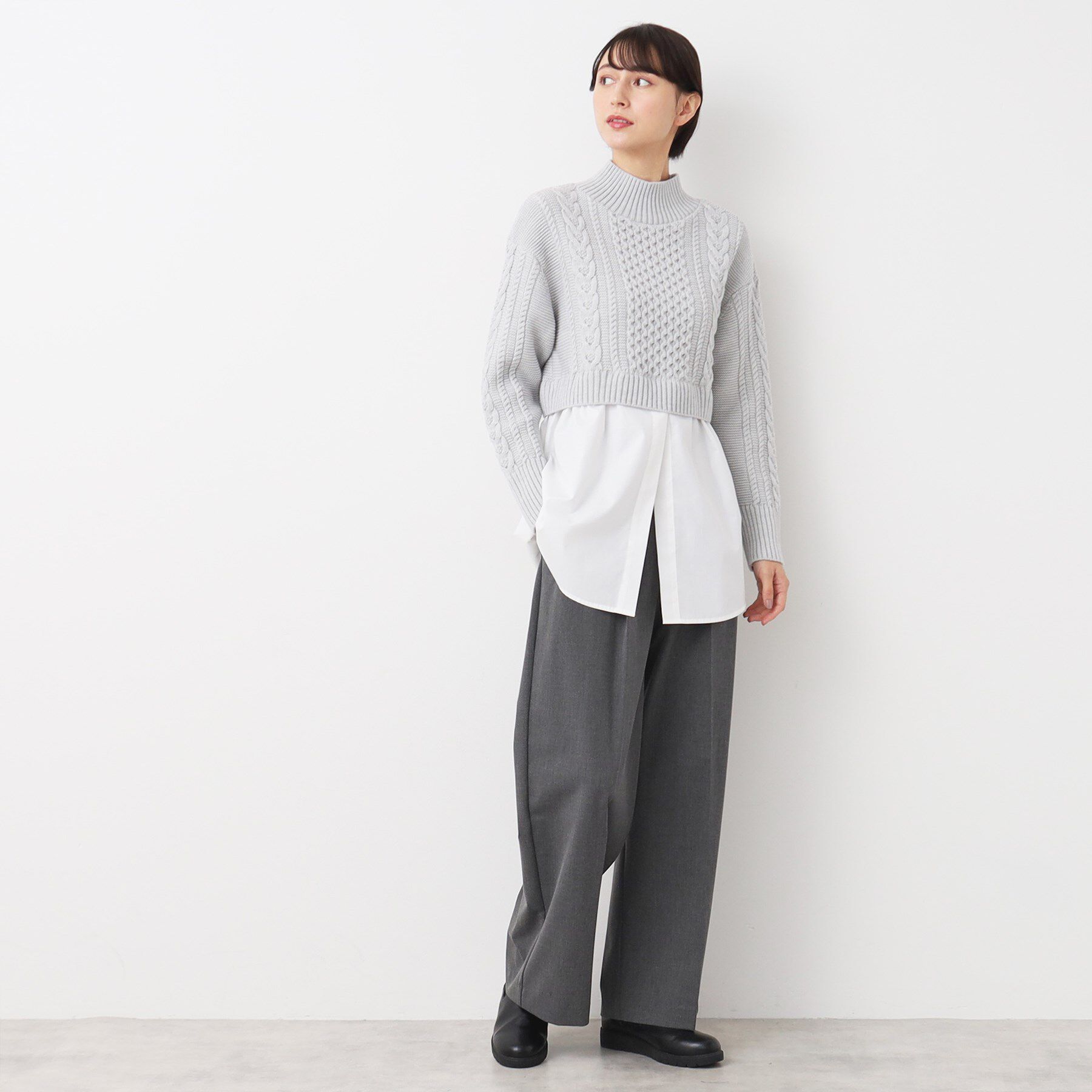 Dessin「【洗える】シャツ付きレイヤードケーブルニット」|ニット・セーター|