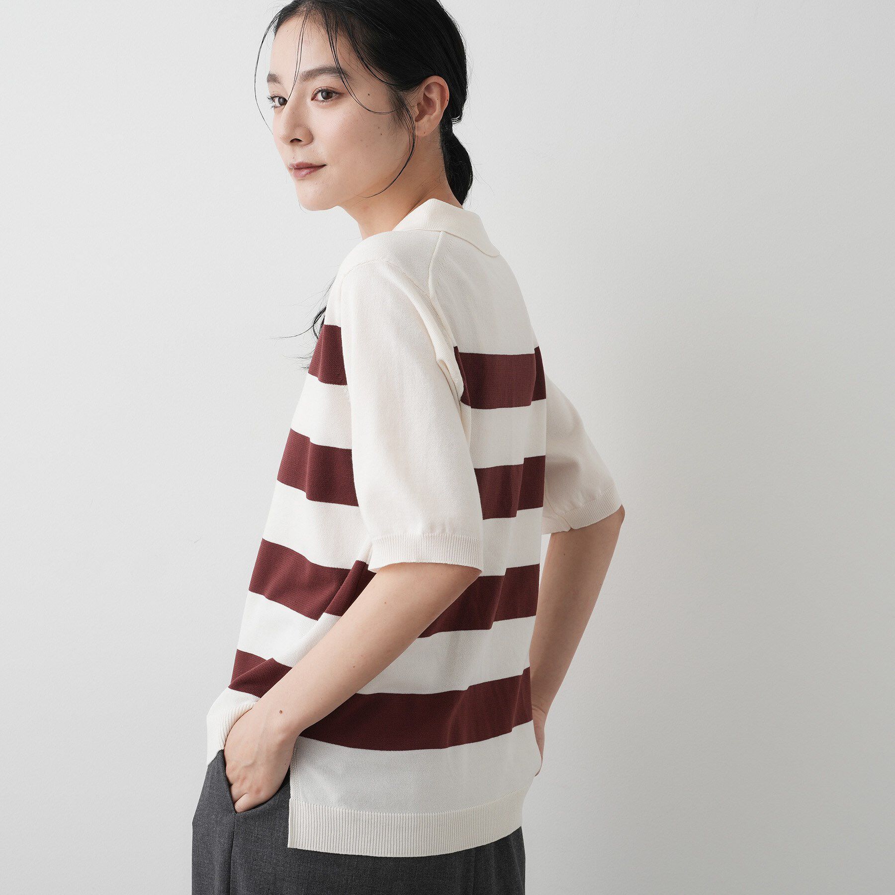 Dessin「【ユニセックス/洗える】ボーダーニットポロシャツ」|ニット・セーター|