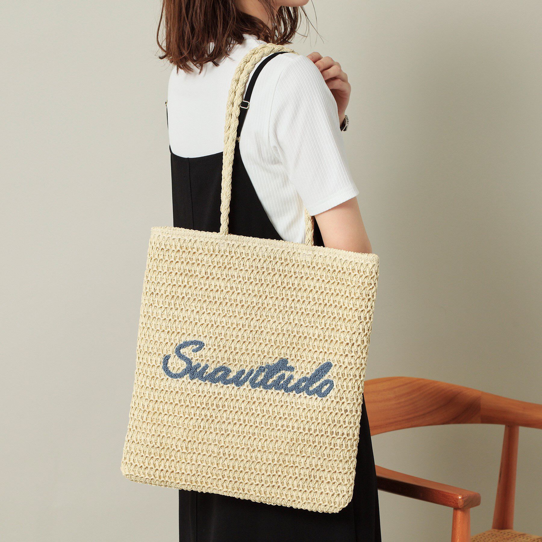 ITS&rsquo;DEMO「雑材サガラ刺繍フラットトート」|トートバッグ|ライトベージュ(05