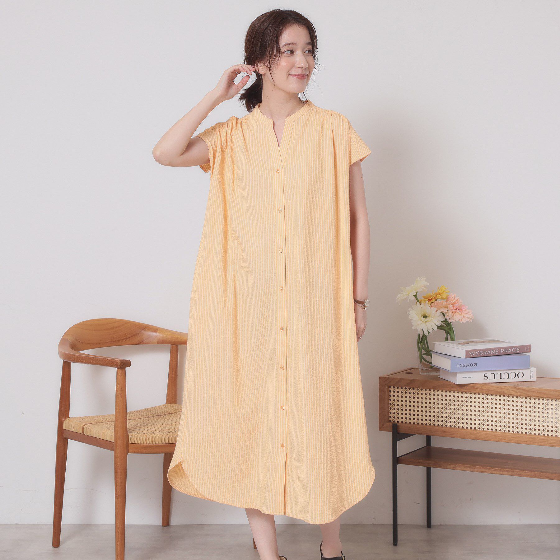 ITS&rsquo;DEMO「【洗濯機OK／洗濯後しわになりにくい】カットサッカー前開きワンピース」|ワンピース|オレンジ(067)