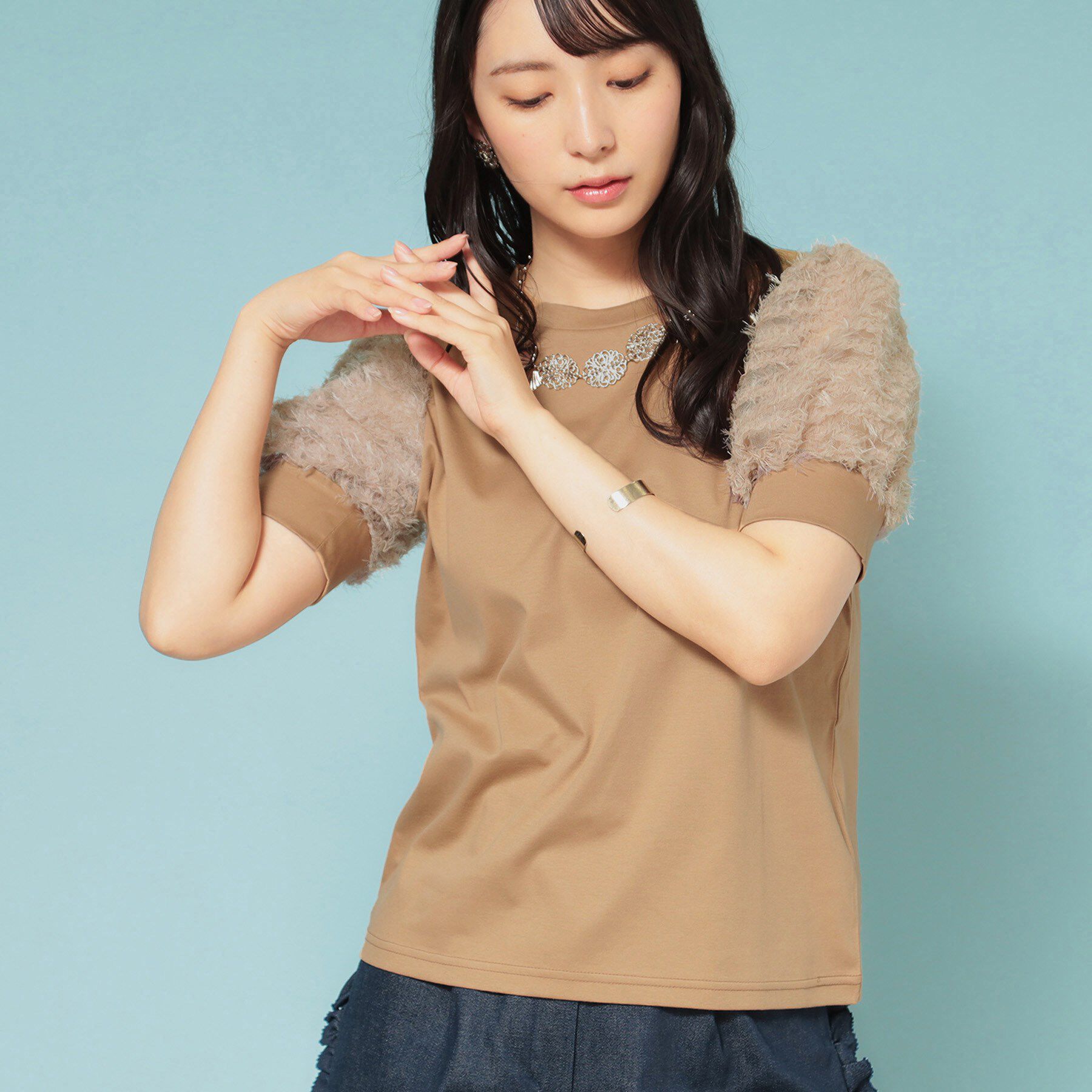 SunaUna「【秋まで着られる／袖チュール】パフスリーブカットソー」|Tシャツ・カットソー|