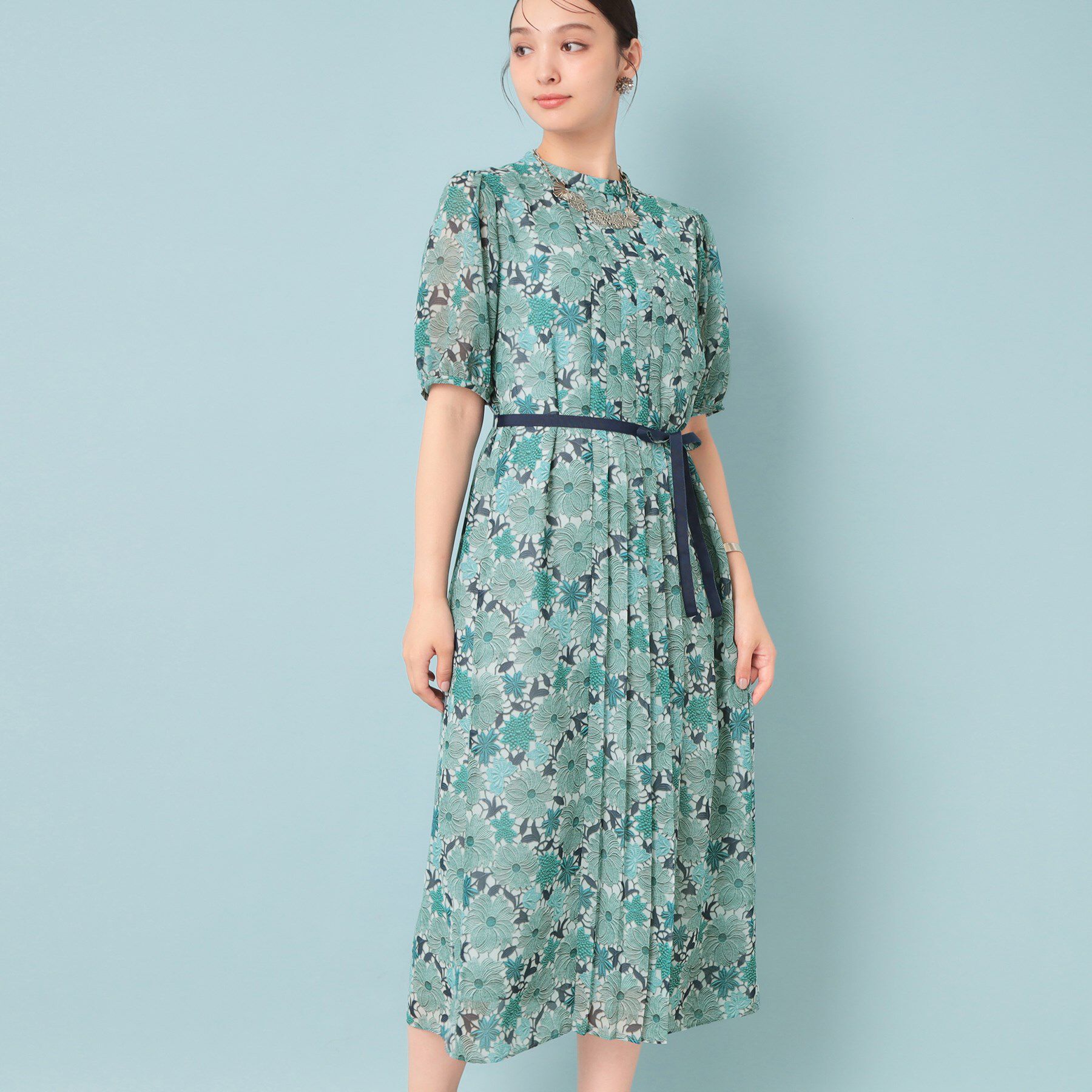 SunaUna「【&yours project／SS～L】レース柄プリーツワンピース」|ワンピース|グリーン(122)