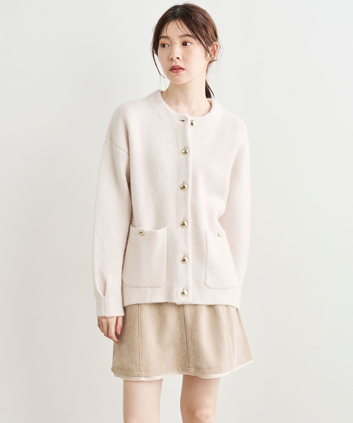 COCO DEAL「フォックス混ダブルフェイスニットアウター」|ノーカラーコート|