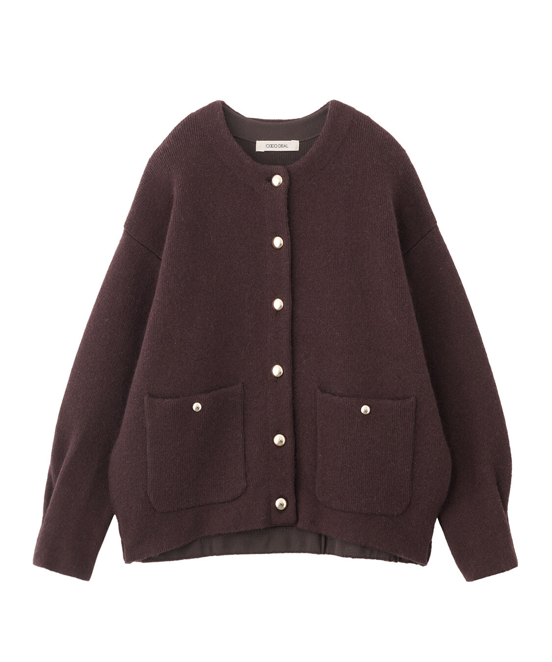 COCO DEAL「フォックス混ダブルフェイスニットアウター」|ノーカラーコート|ブラウン