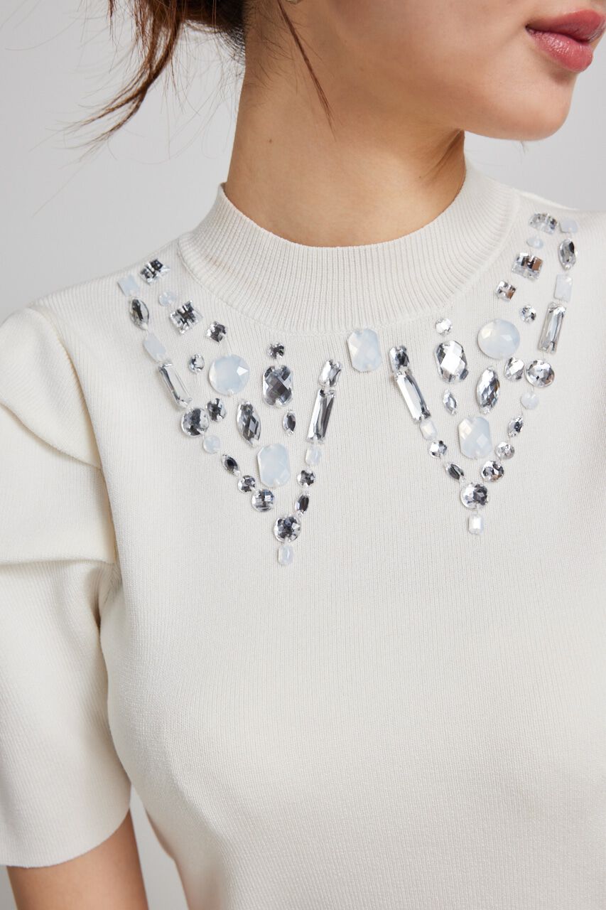 rienda「ビジューカラーハーフSLV Knit TOP」|ニット・セーター|