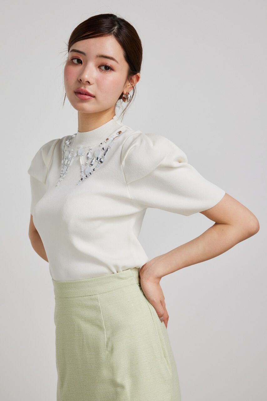 rienda「ビジューカラーハーフSLV Knit TOP」|ニット・セーター|
