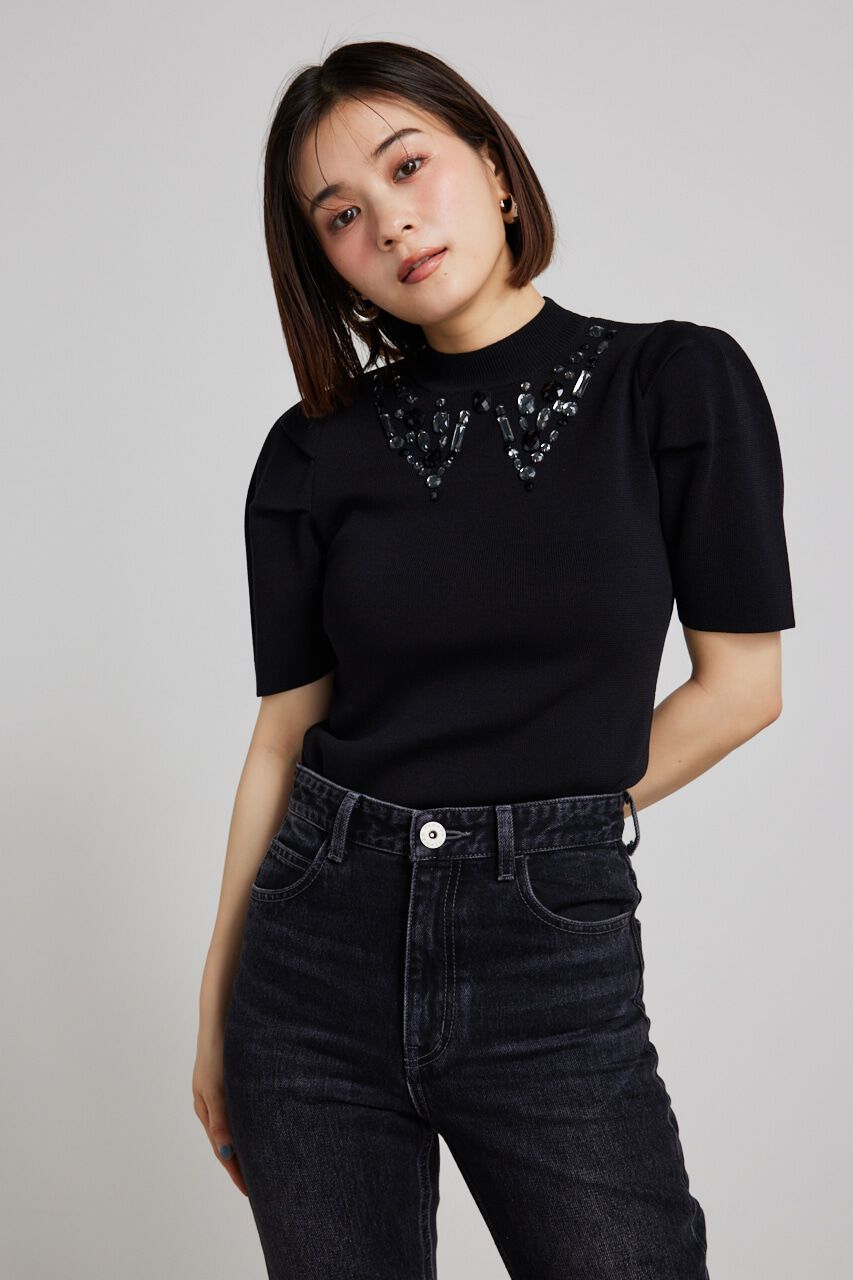rienda「ビジューカラーハーフSLV Knit TOP」|ニット・セーター|BLK