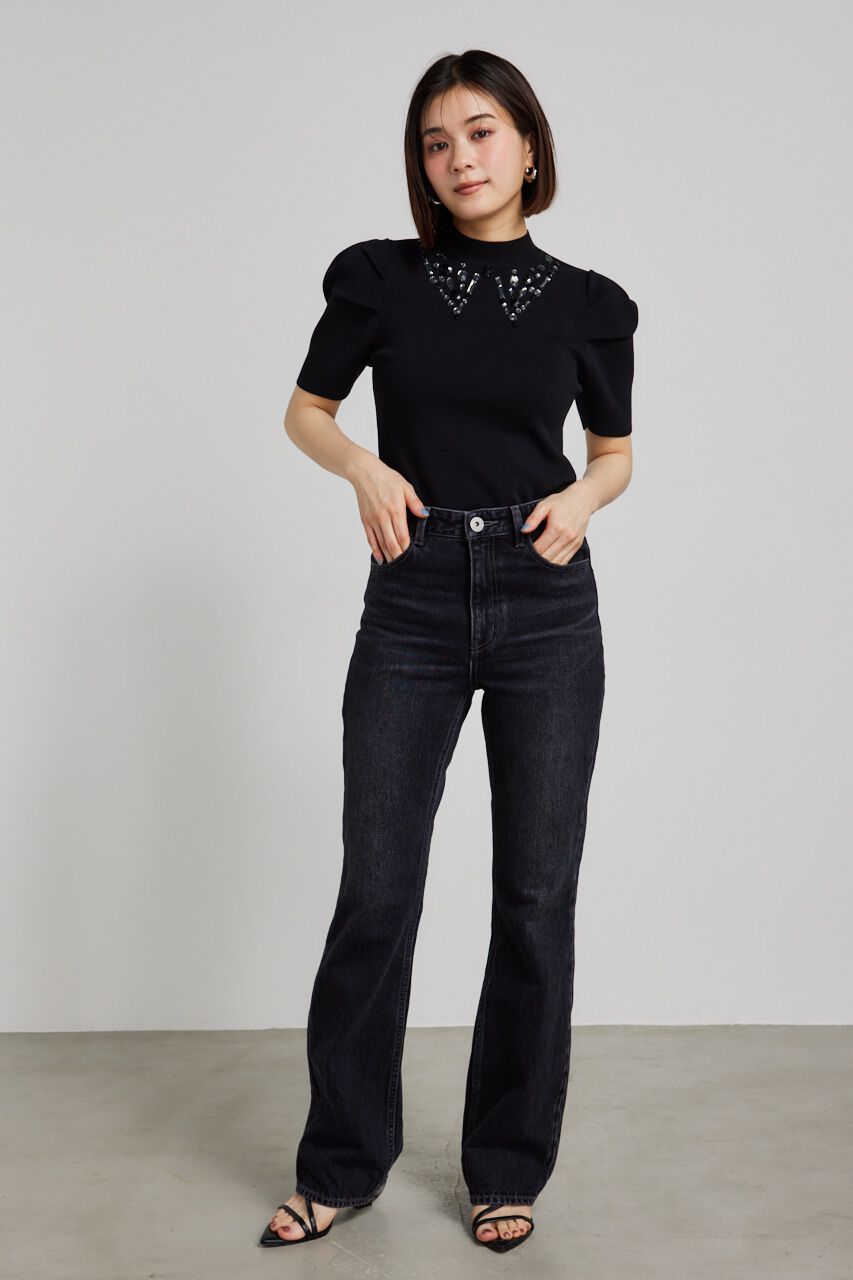 rienda「ビジューカラーハーフSLV Knit TOP」|ニット・セーター|