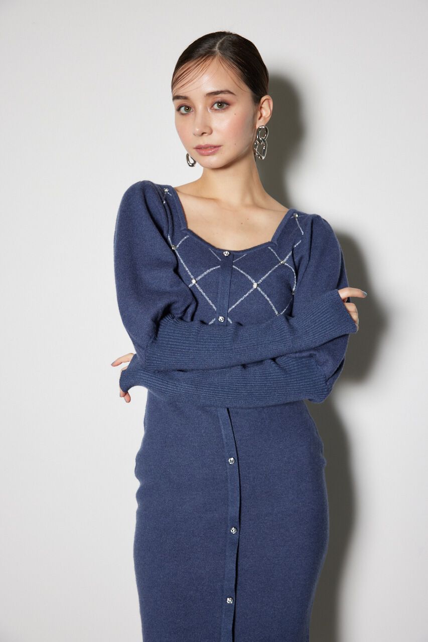 rienda「ビジューチェックタイトニットワンピース」|ワンピース|