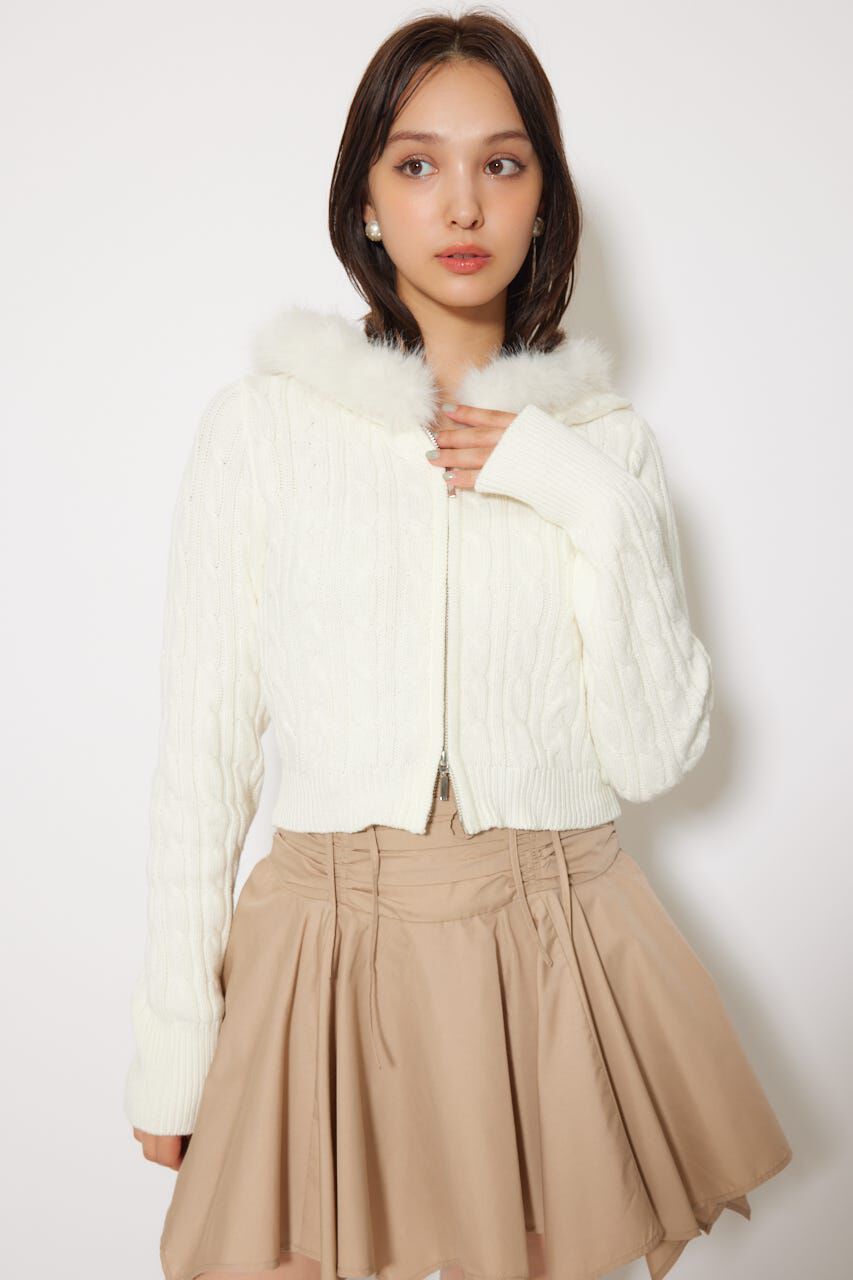 rienda「フードフェイクファーケーブルニットカーディガン」|カーディガン|