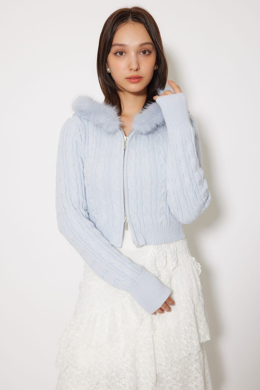 rienda「フードフェイクファーケーブルニットカーディガン」|カーディガン|