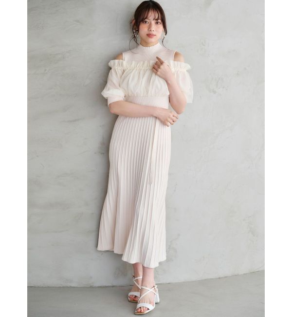MERCURYDUO「異素材ドッキングオフショルニットハーフスリーブワンピース」|ワンピース|アイボリー