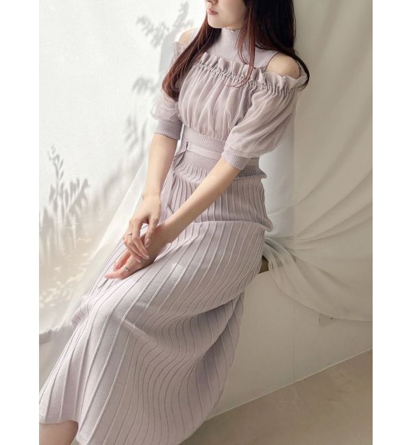 MERCURYDUO「異素材ドッキングオフショルニットハーフスリーブワンピース」|ワンピース|