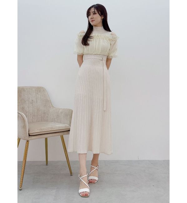 MERCURYDUO「異素材ドッキングオフショルニットハーフスリーブワンピース」|ワンピース|