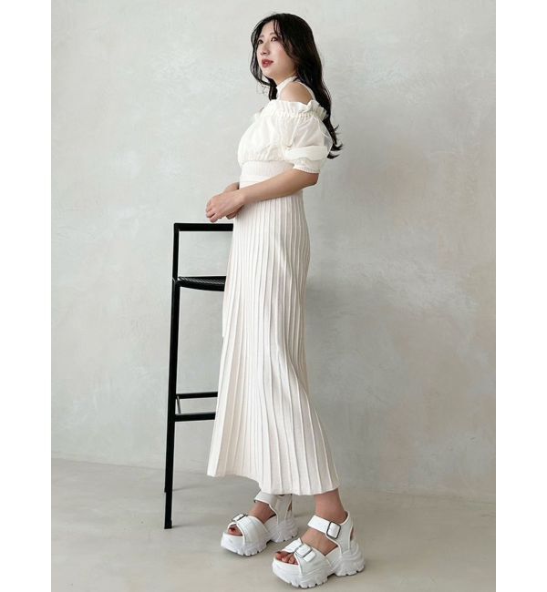 MERCURYDUO「異素材ドッキングオフショルニットハーフスリーブワンピース」|ワンピース|