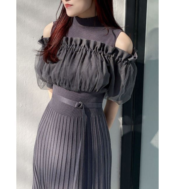 MERCURYDUO「異素材ドッキングオフショルニットハーフスリーブワンピース」|ワンピース|