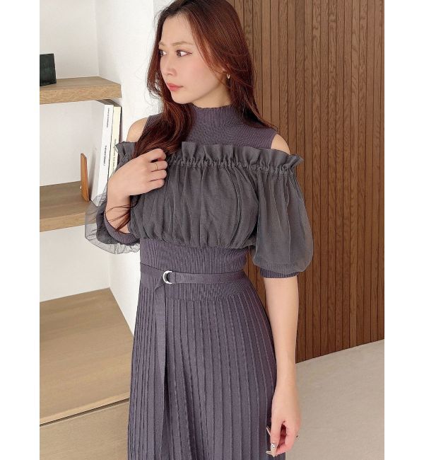 MERCURYDUO「異素材ドッキングオフショルニットハーフスリーブワンピース」|ワンピース|