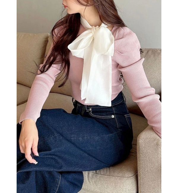 MERCURYDUO「異素材リボンカットアウトニット」|ニット・セーター|ベビーピンク