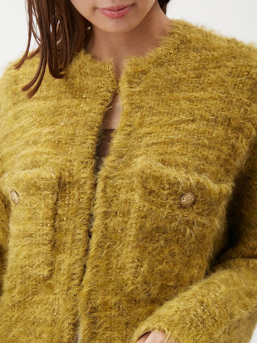 Mila Owen「金釦ラメシャギーツイードニットジャケット」|ノーカラージャケット|