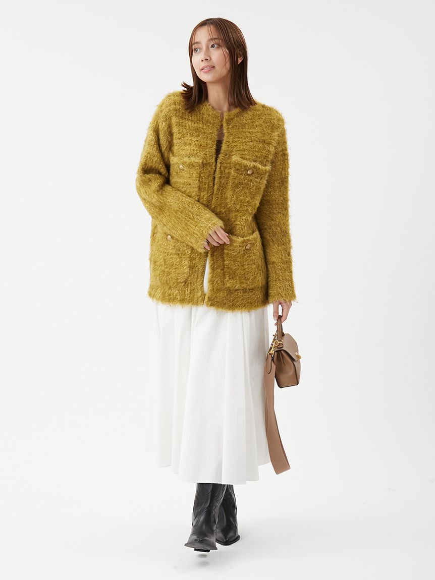 Mila Owen「金釦ラメシャギーツイードニットジャケット」|ノーカラージャケット|